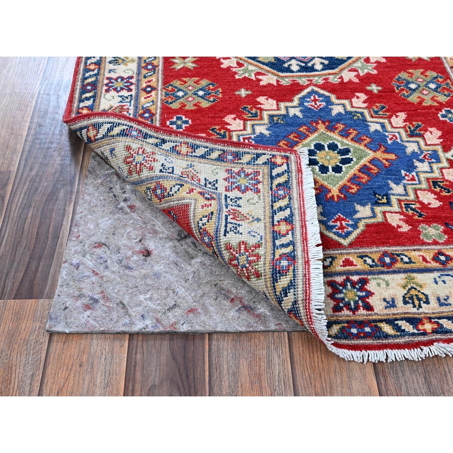 2'9"X6'6" Red Kazak Medallions Design Soft Wool Hand Knotted Runner Rug