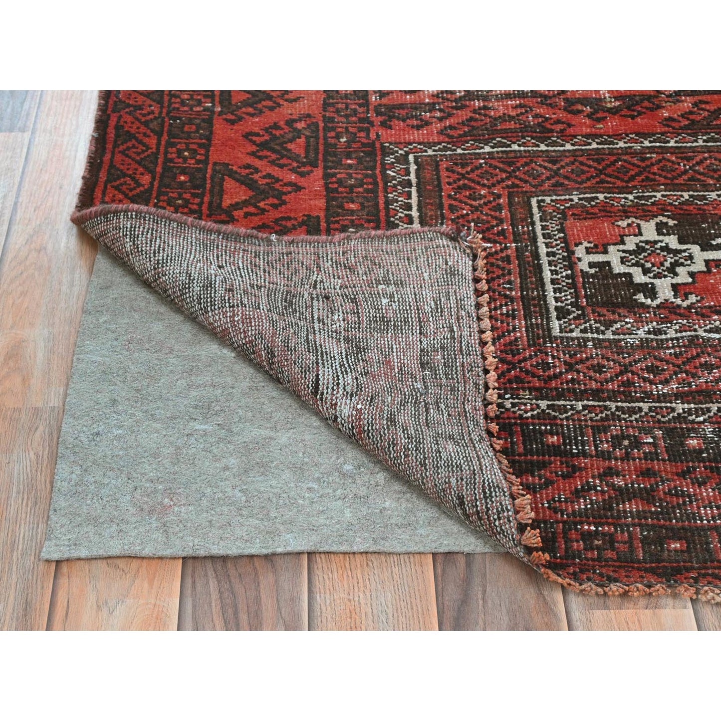 3'7"X6'5" Red Old Farsian Balooch Hand Knotted Wool Worn Down Clean Rug