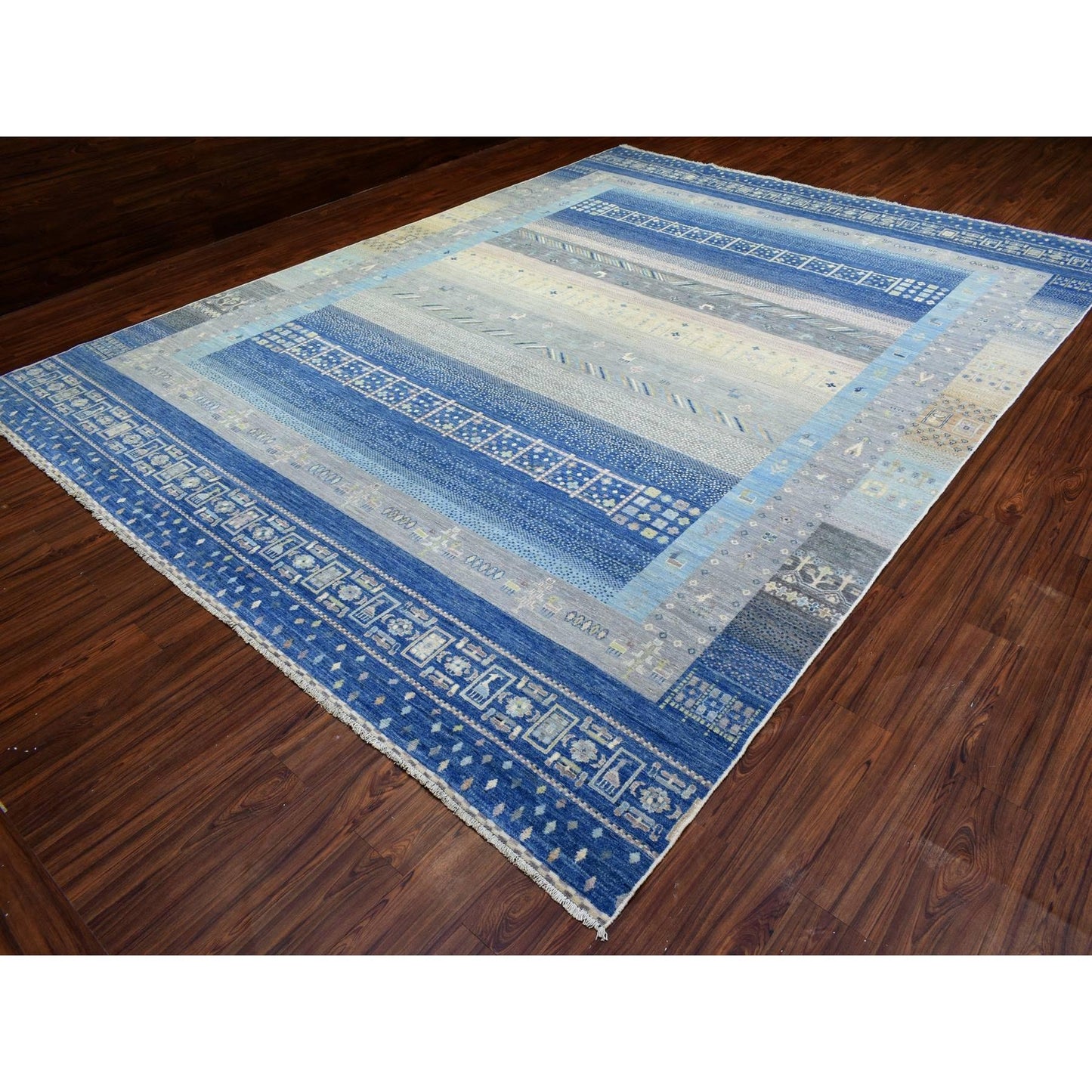 10'2"X13'7" Blue Afghan Kashkuli Gabbeh Pure Wool Hand Knotted Rug