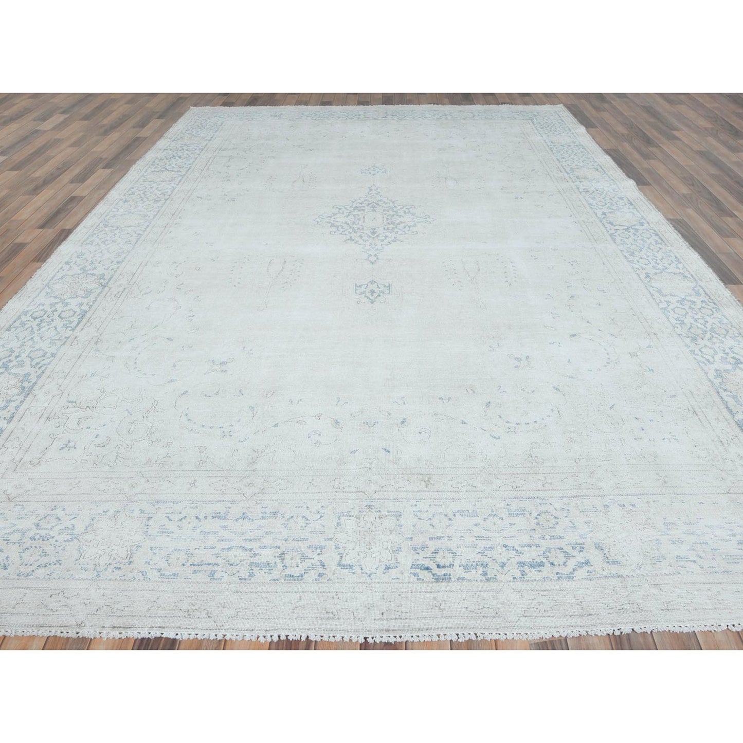 9'6"X12'9" Ivory Hand Knotted Wool Shabby Chic Distressed Old Farsian Rug