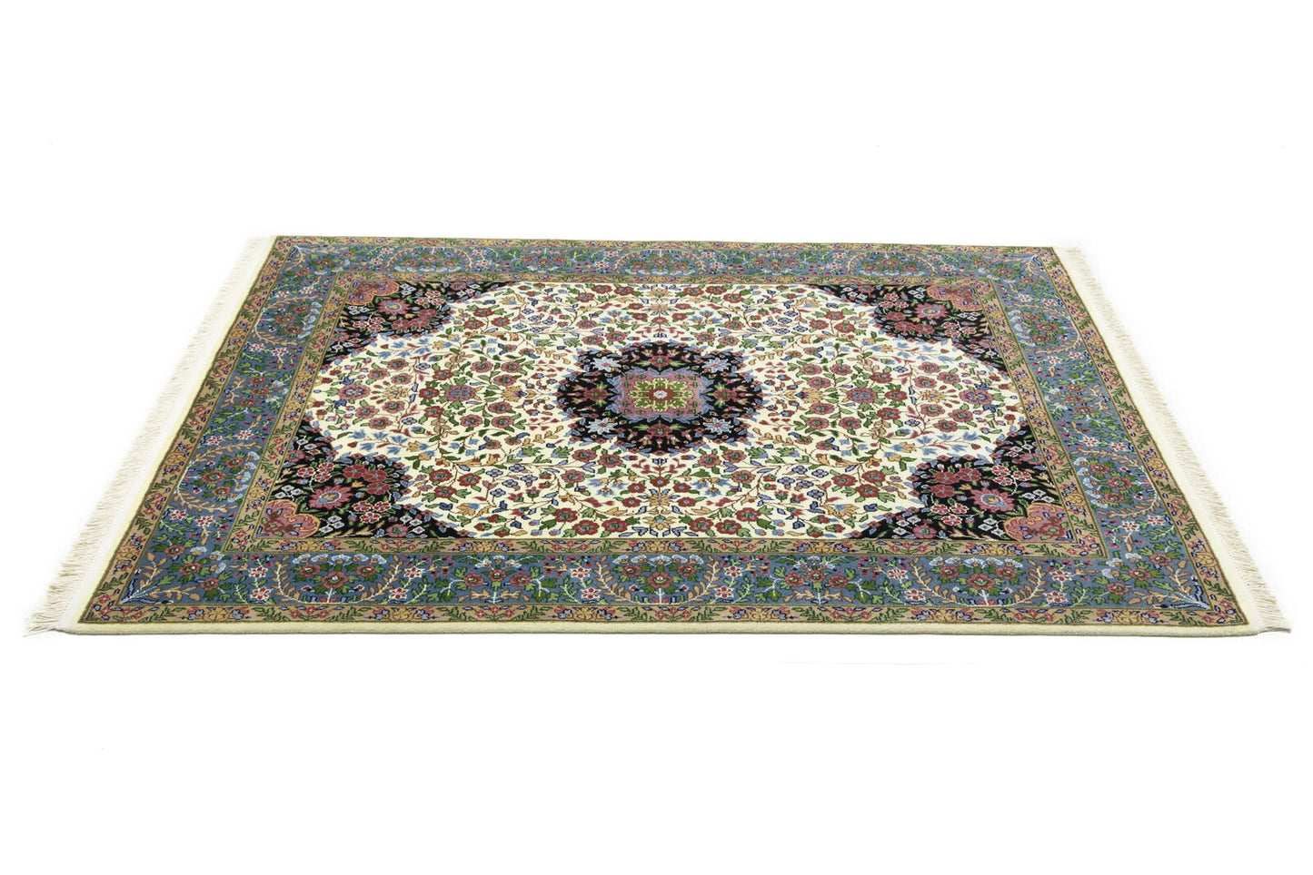 Handmade Kirman Oriental Rug Cream & Blue Floral