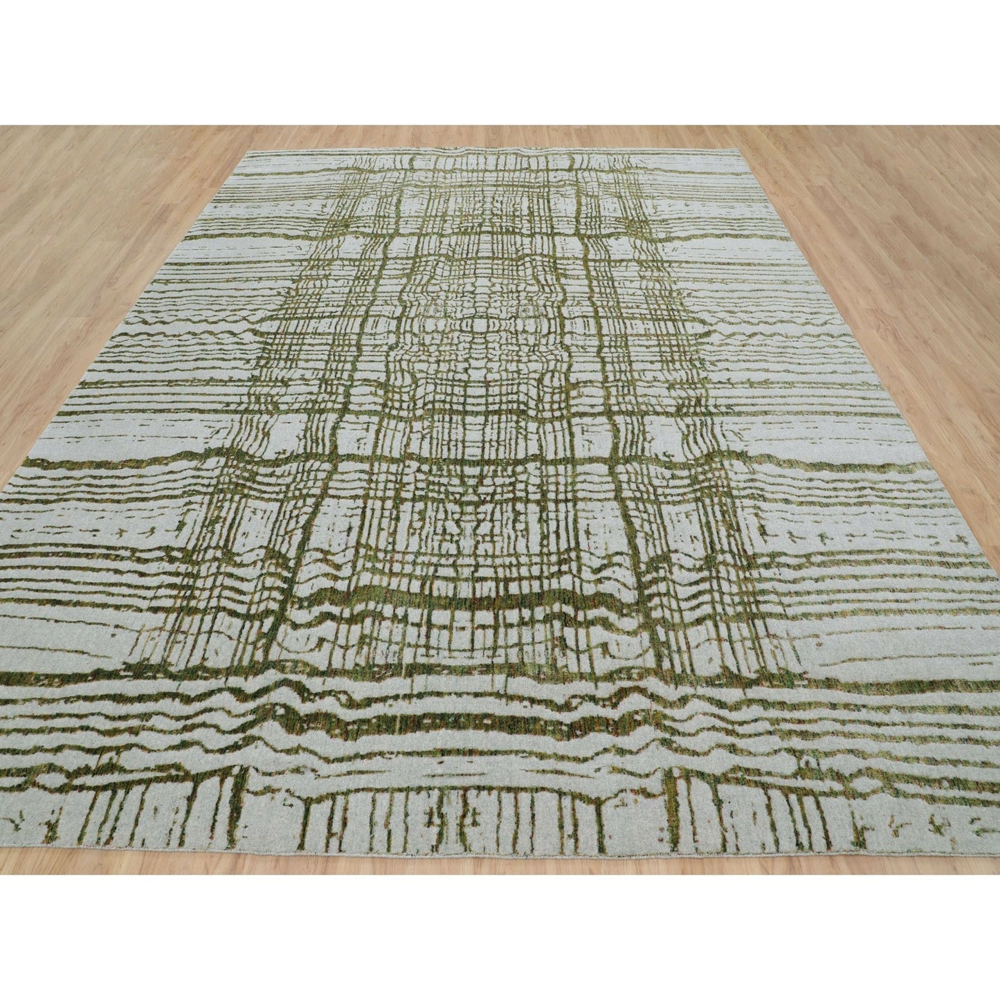 11'9"X14'8" Oversized Green Fine Jacquard Hand Loomed Wool & Art Silk Rug