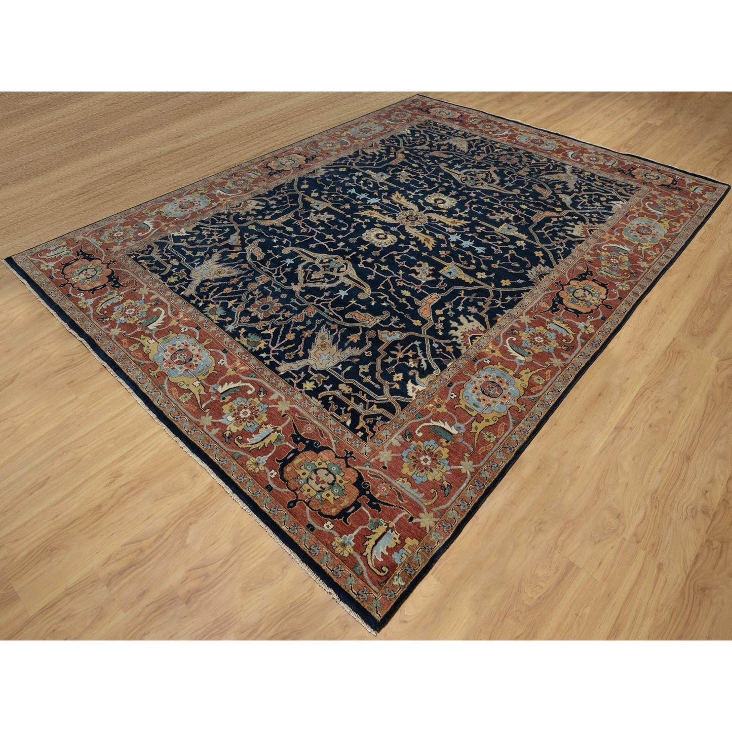 9'X12'2" Midnight Blue Antiqued Heris Re-Creation Hand Knotted Wool Rug