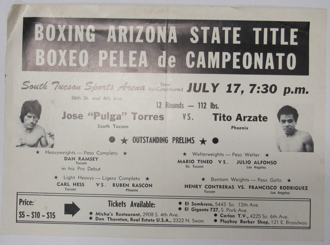 Jose "Pulga" Torres Vs. Tito Arzate 14X22 On Site Boxing Poster1980 Phoenix, Ar
