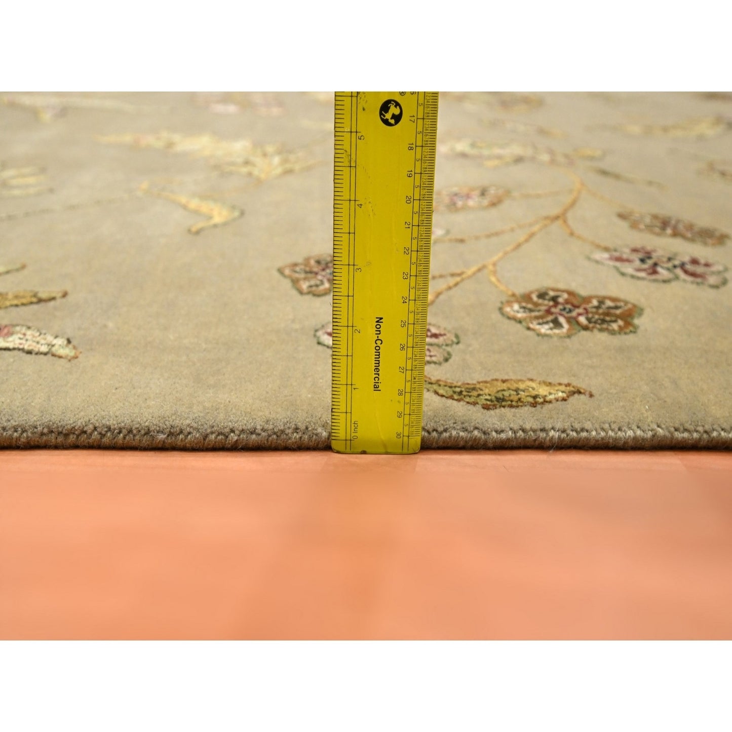 8'X10' Ecru Brown Wool & Silk Botanical Design Hand Knotted Oriental Rug