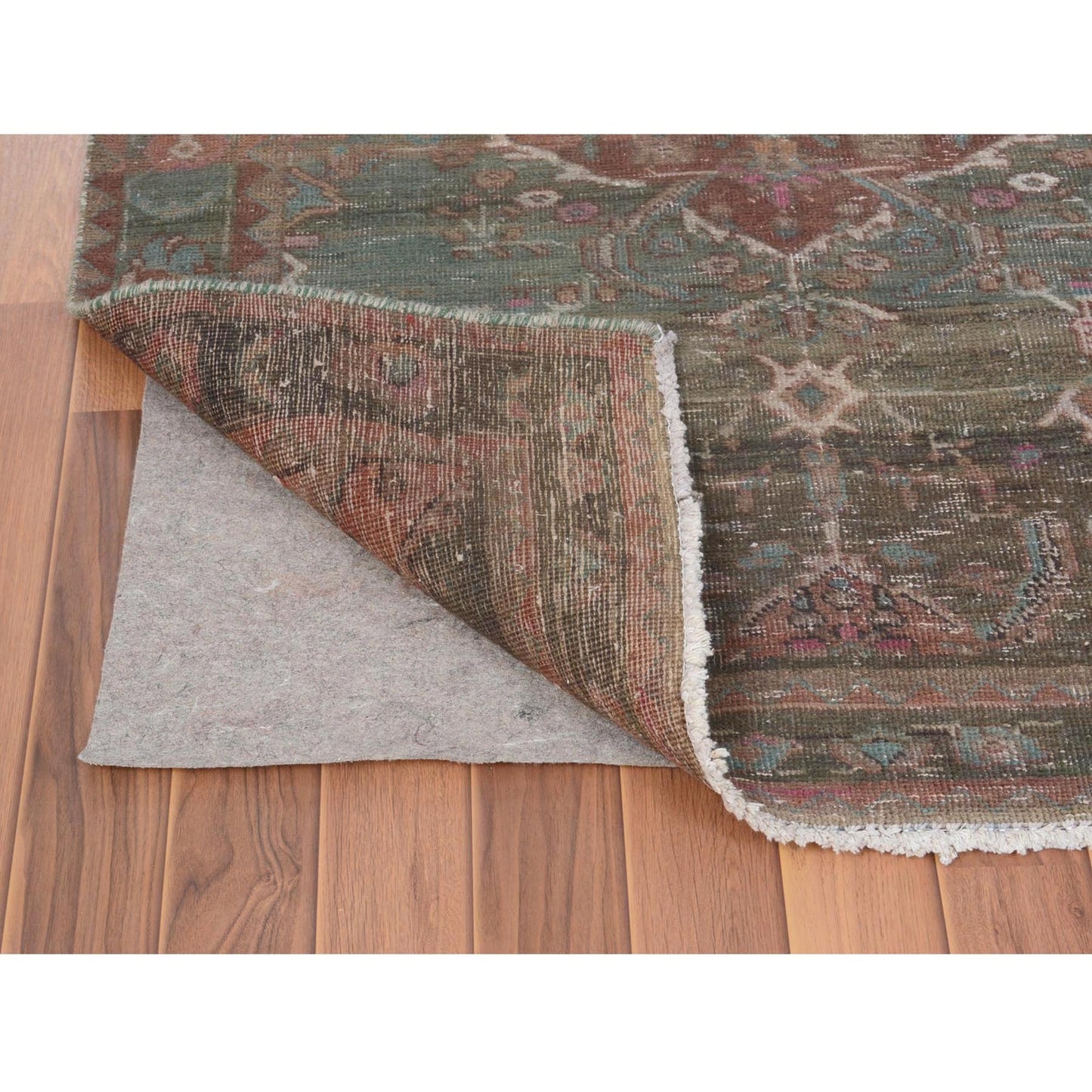3'7"X12'3" Green Vintage And Worn Down Farsian Heris Handknotted Wool Rug