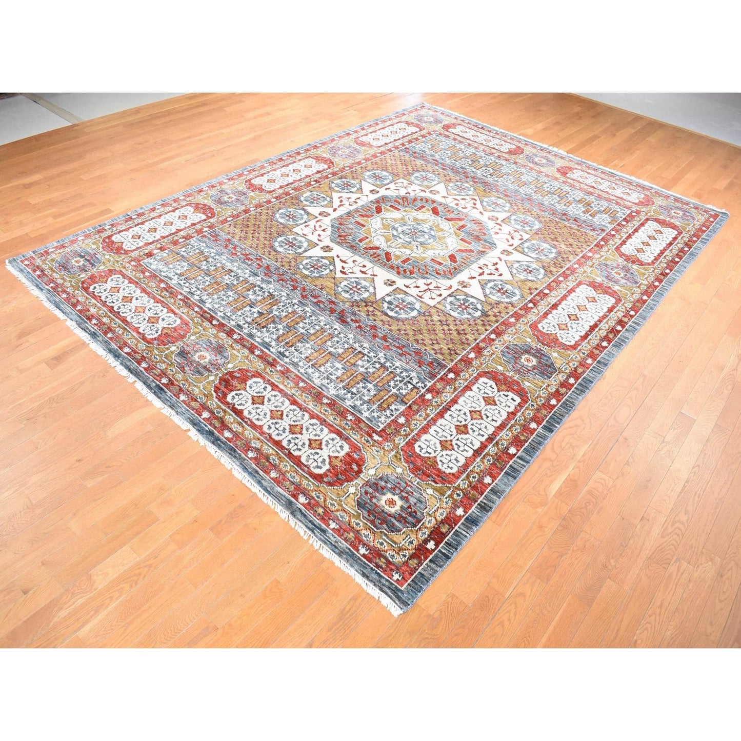 10'2"X14'2" Gold Mamluk Design Hand Spun Wool Hand Knotted Rug