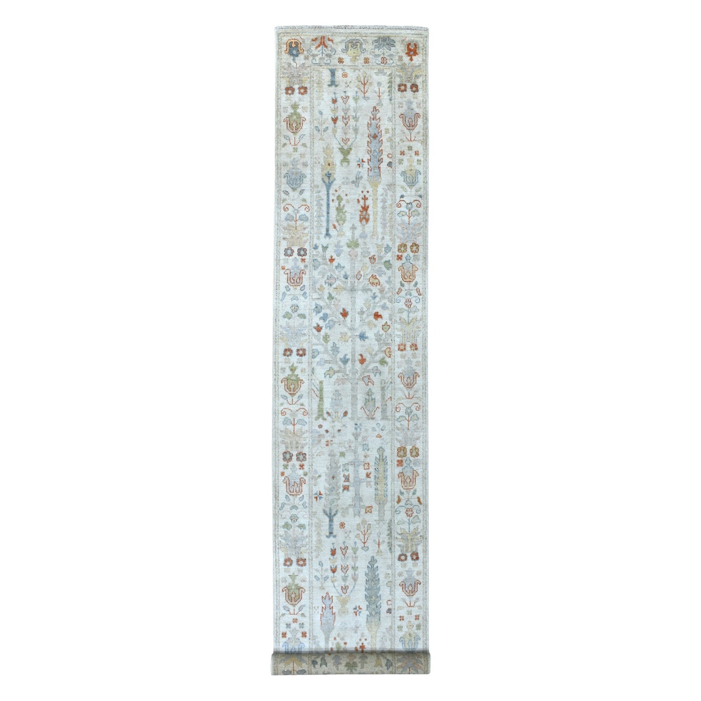 2'9"X15'6" Ivory Angora Oushak With Cypress Design Wool Hand Knotted Rug