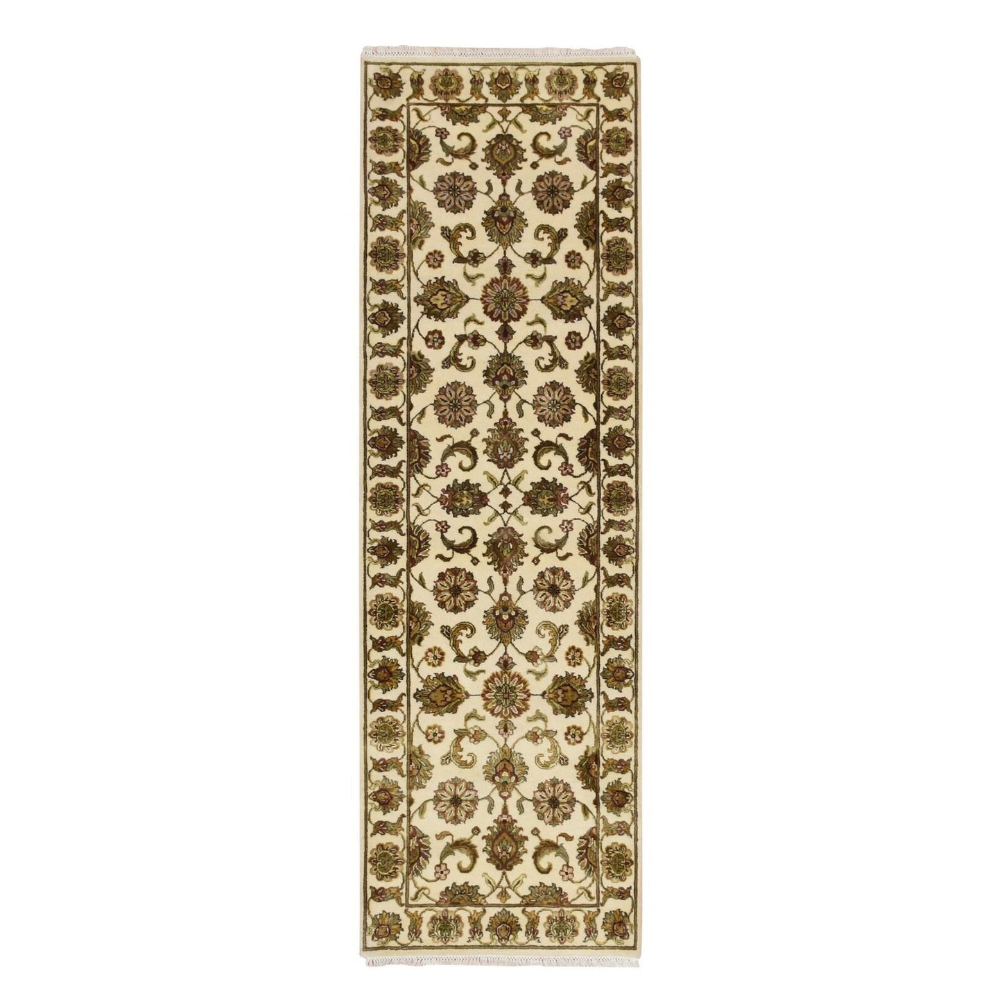 2'7"X8'3" White Rajasthan Leaf Design Hand Knotted Wool & Silk Runner Rug
