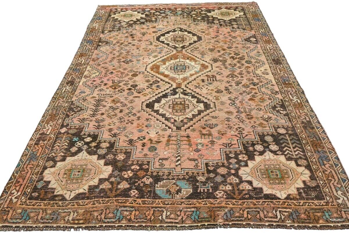 Vintage Distressed Rusty Pink Tribal Oriental Rug