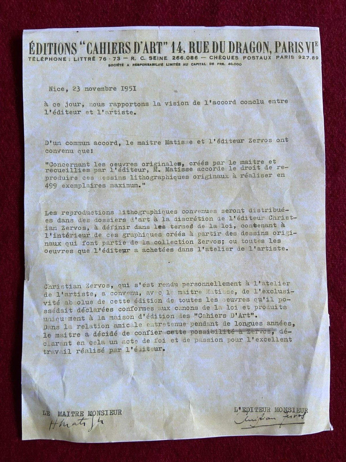 Henri Matisse Lithograph Hand Made C.O.A. Signed By Hand Numbered In Pencil