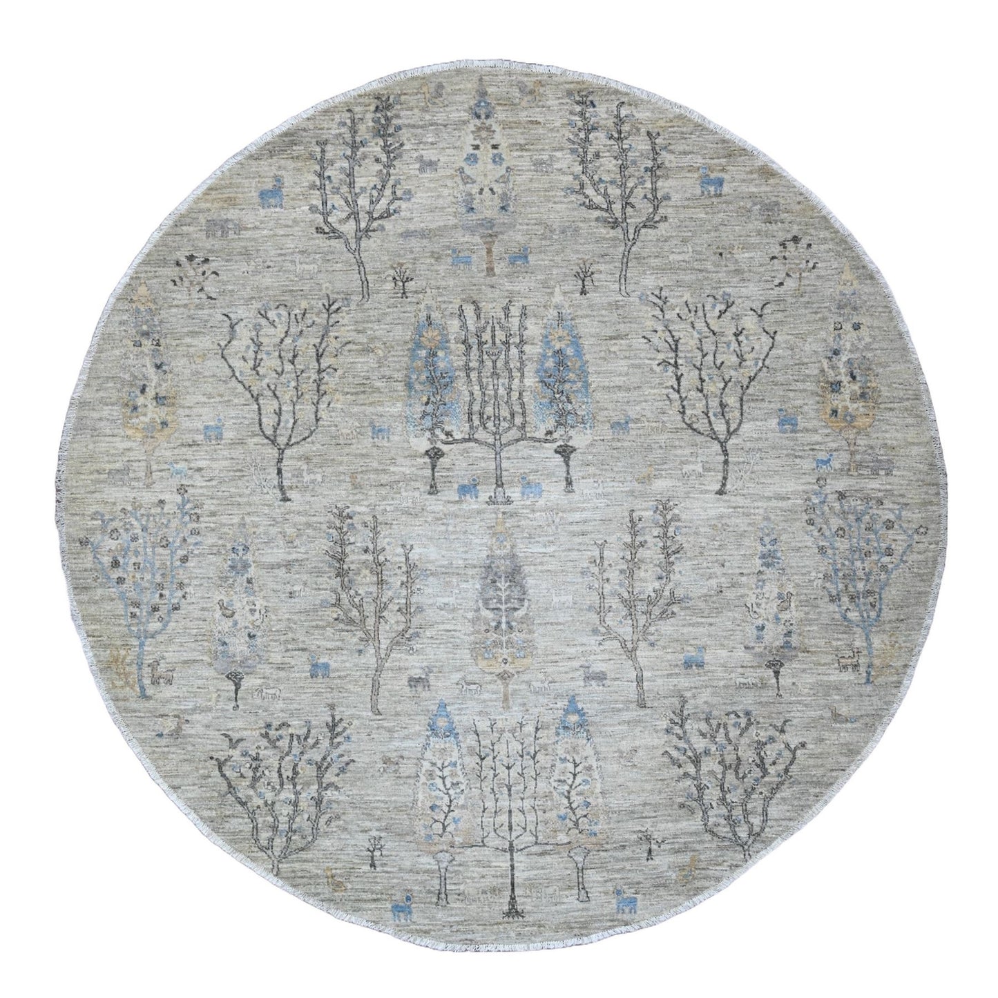 8'X8' Oyster Gray Peshawar Tree Design Hand Knotted 100% Wool Round Rug