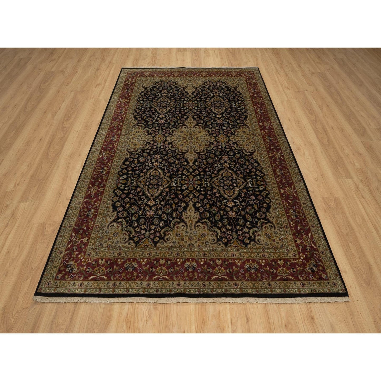 6'X9'1" Black Kishoon Revival New Zealand Wool Hand Knotted Oriental Rug