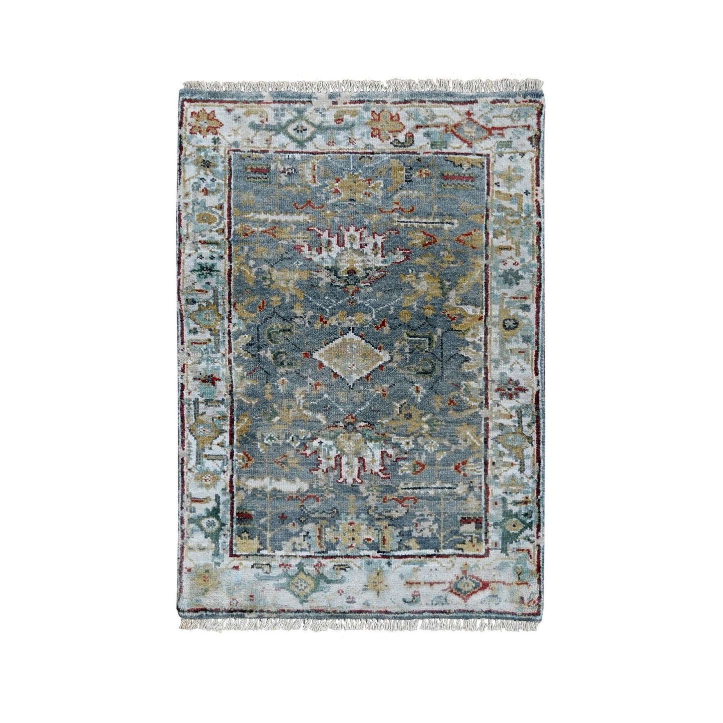 2'X3' Blue Wool Broken And Erased Zoroastrian Heris Hand Knotted Mat Rug
