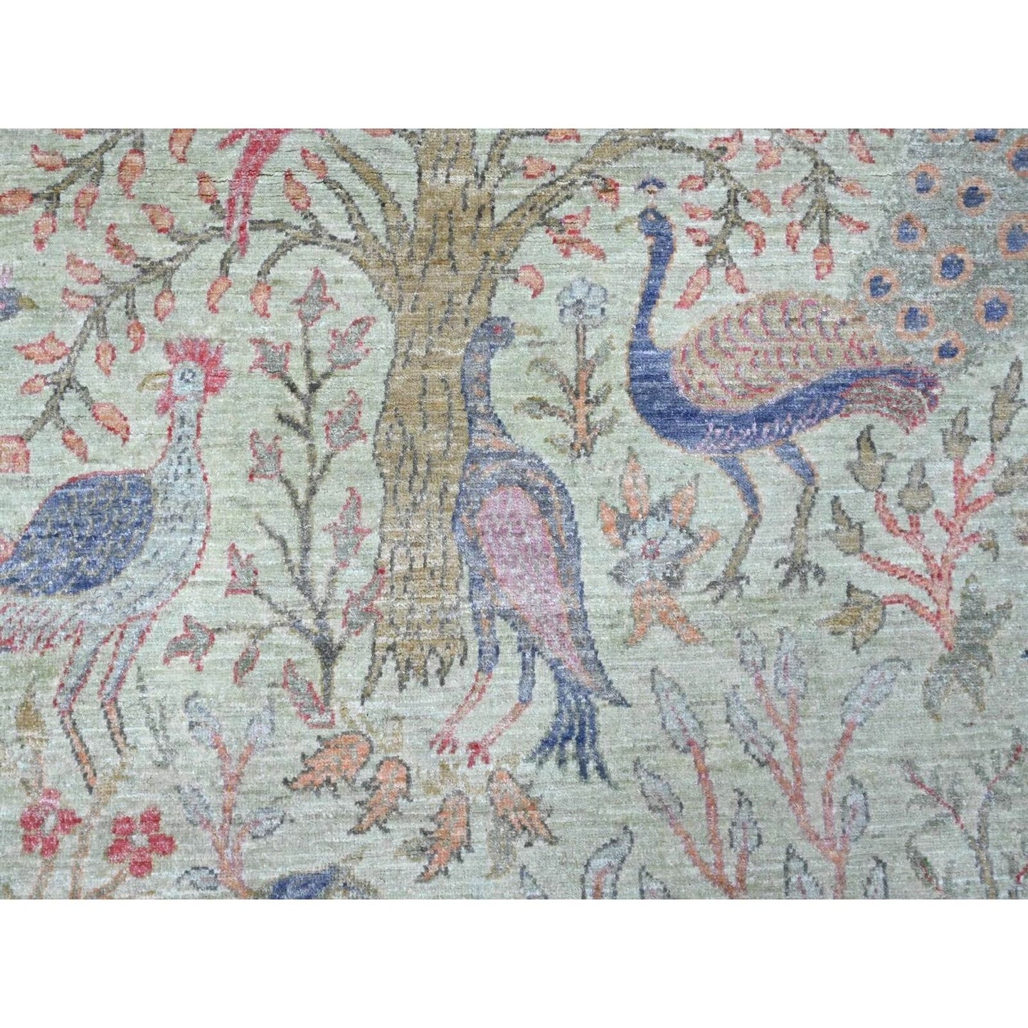 8'X8' Swamp Green Hand Knotted Peshawar Birds Design Soft Wool Square Rug
