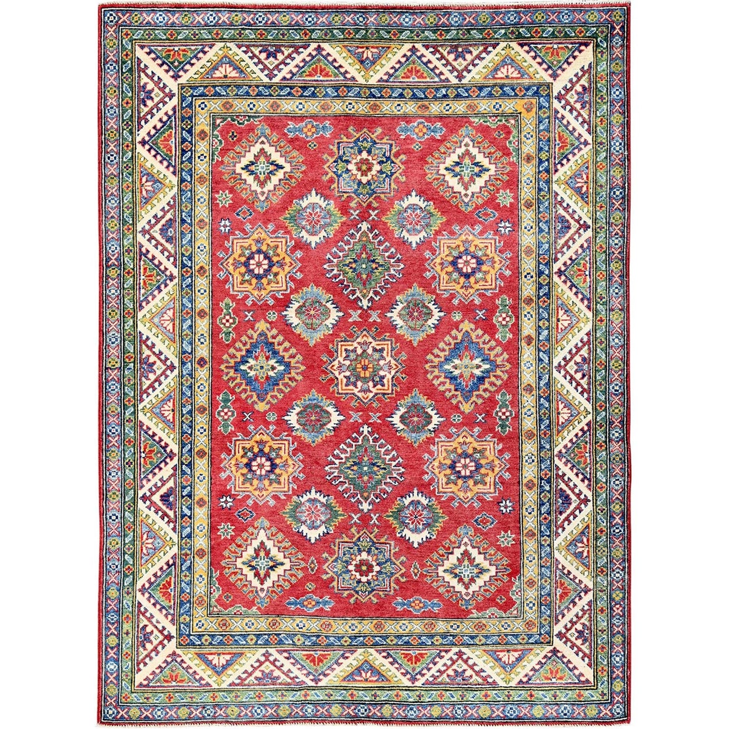 4'10"X6'6" Red Kazak Geometric Pattern Hand Knotted Soft Wool Oriental Rug