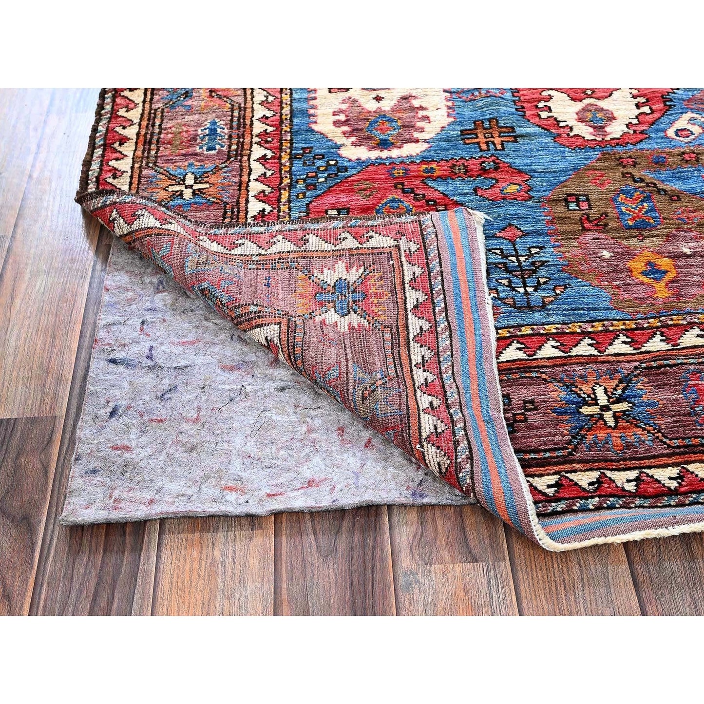 4'4"X5'9" Blue Afghan Caucasian Design Revival Hand Knotted Soft Wool Rug