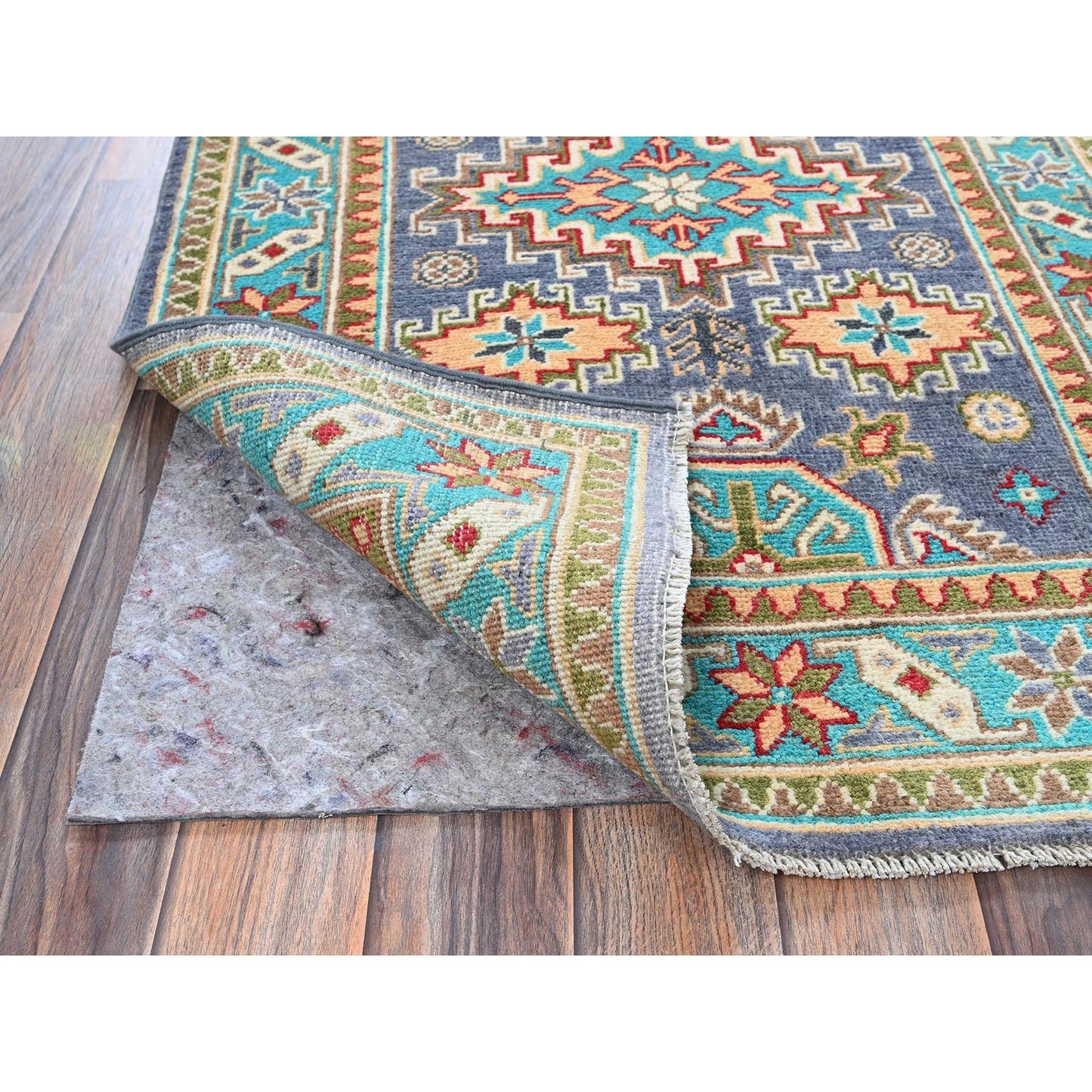 2'8"X4' Purple Kazak Geometric Design Hand Knotted Soft Wool Sample Rug