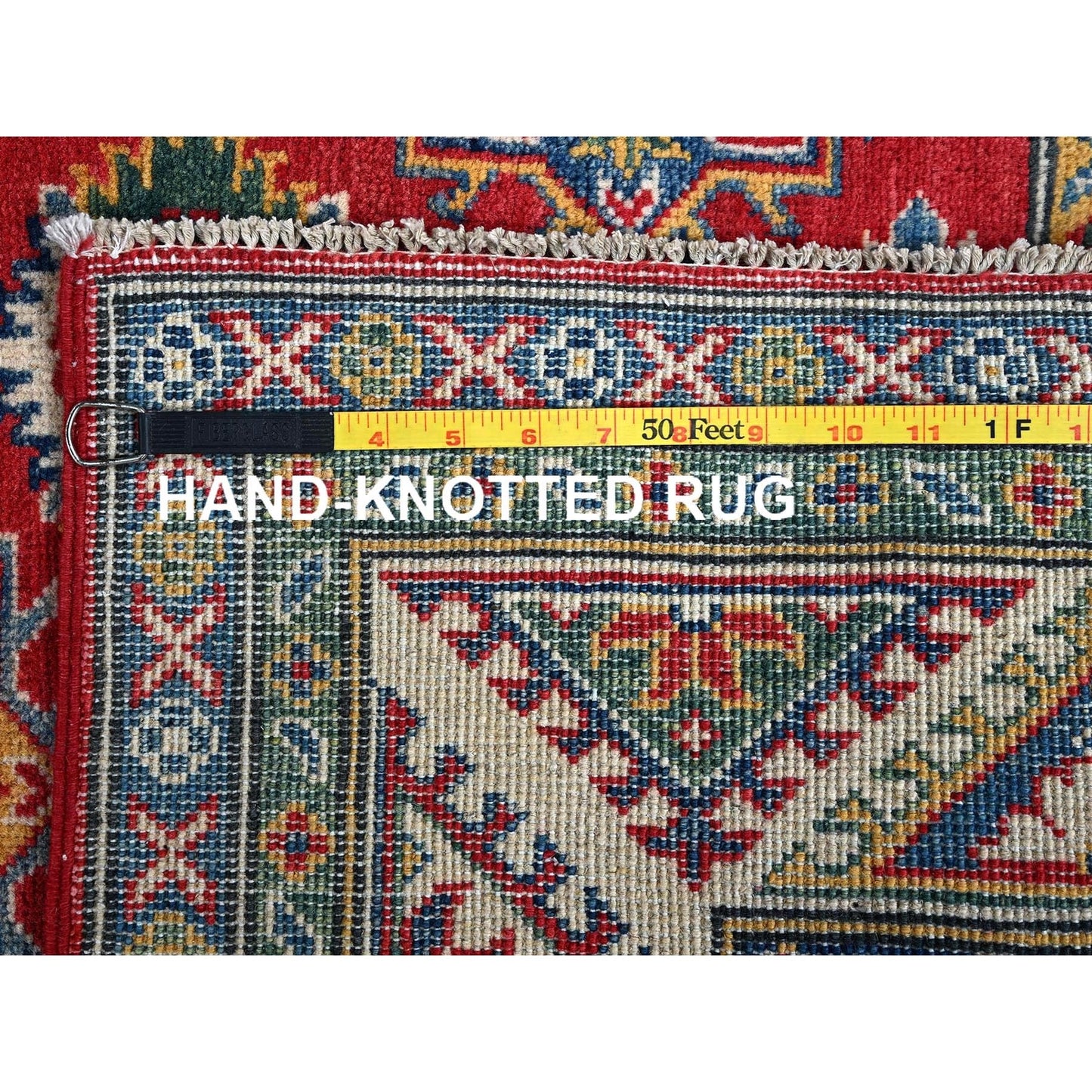 4'10"X6'6" Red Kazak Geometric Pattern Hand Knotted Soft Wool Oriental Rug