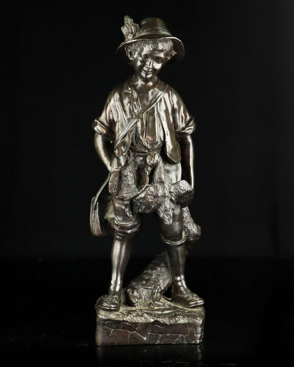 Auguste Moreau 1900S Antique French Bronze Statue - Little Hunter 20In Tall