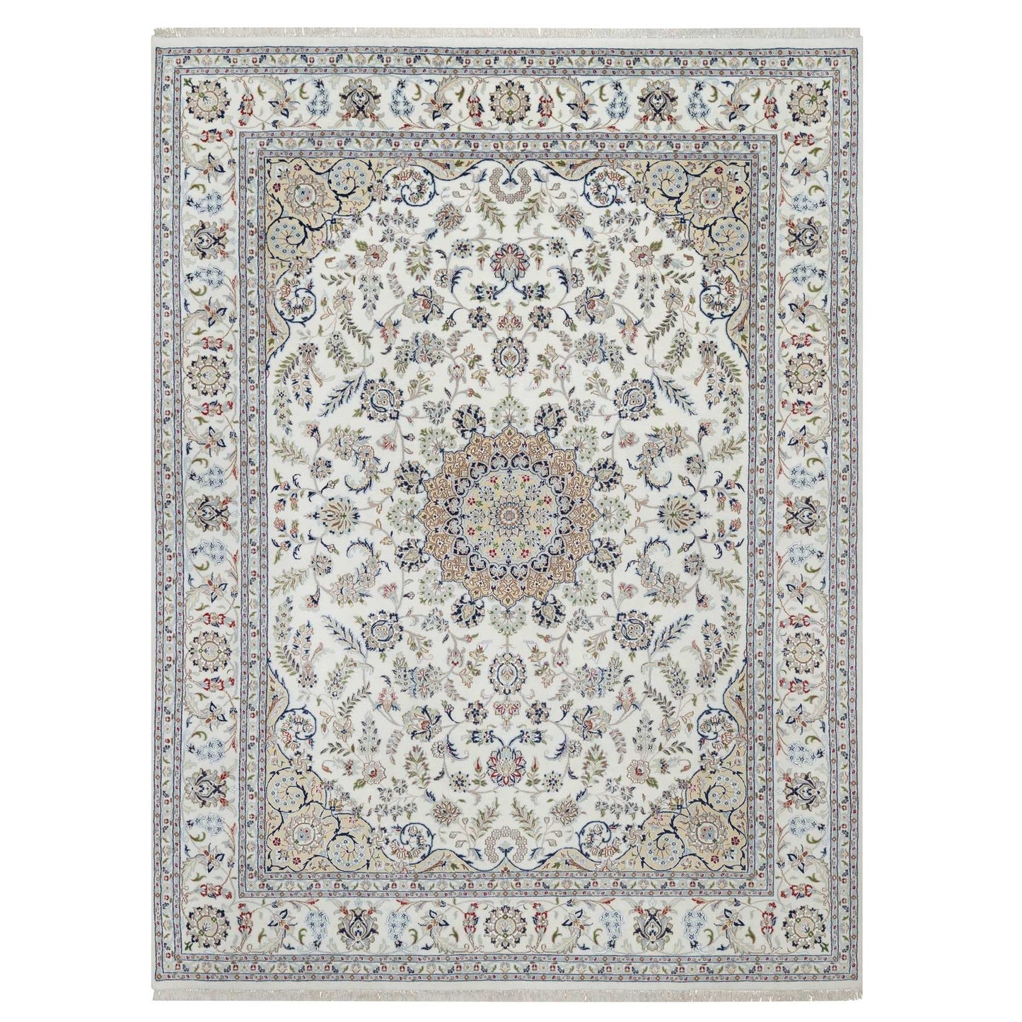 8'10"X12'4" White Nain With Flower Design Hand Knotted Wool And Silk Rug