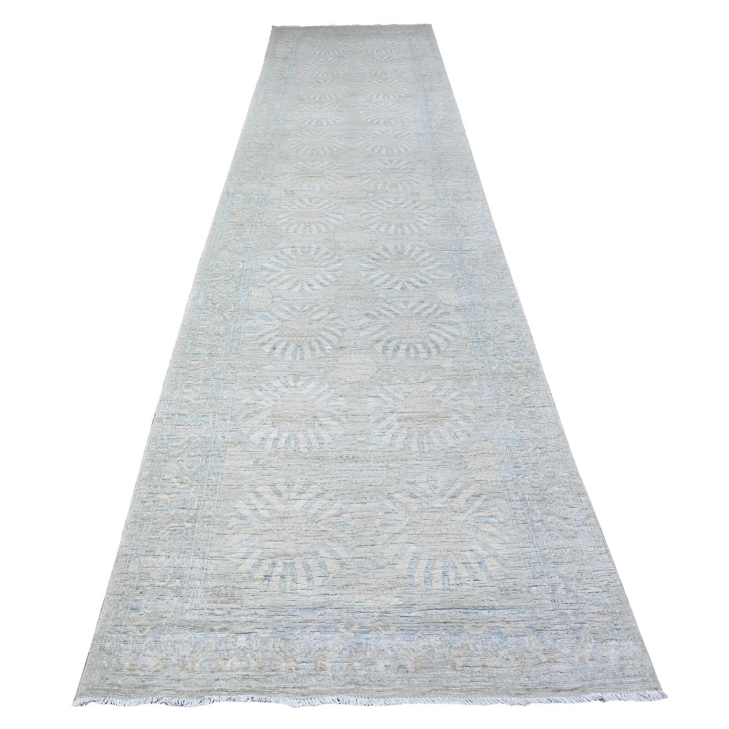 3'8"X15' Gray White Wash Peshawar Wool Hand Knotted Xl Runner Rug