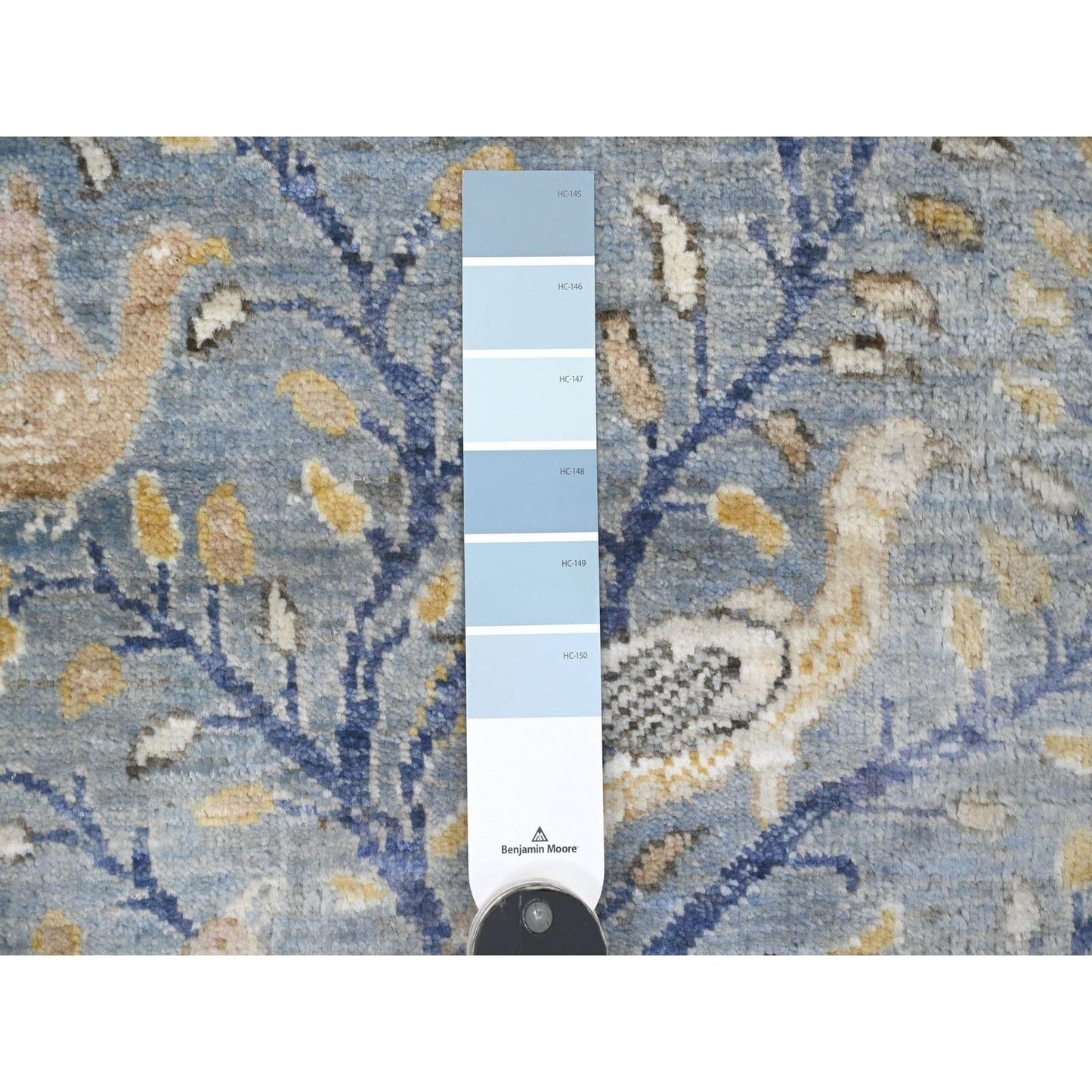 2'X6'4" Ruddy Blue Peshawar Birds Design Hand Knotted All Wool Runner Rug