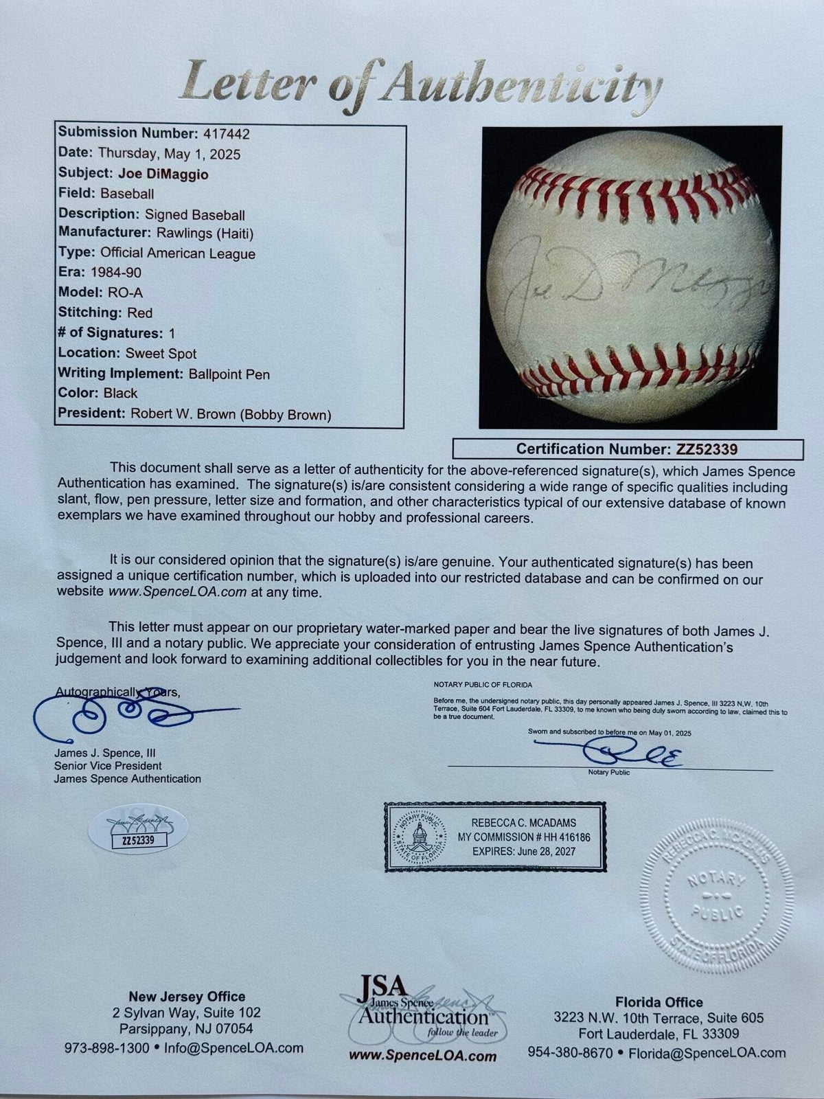 Joe Dimaggio Autographed American League Bobby