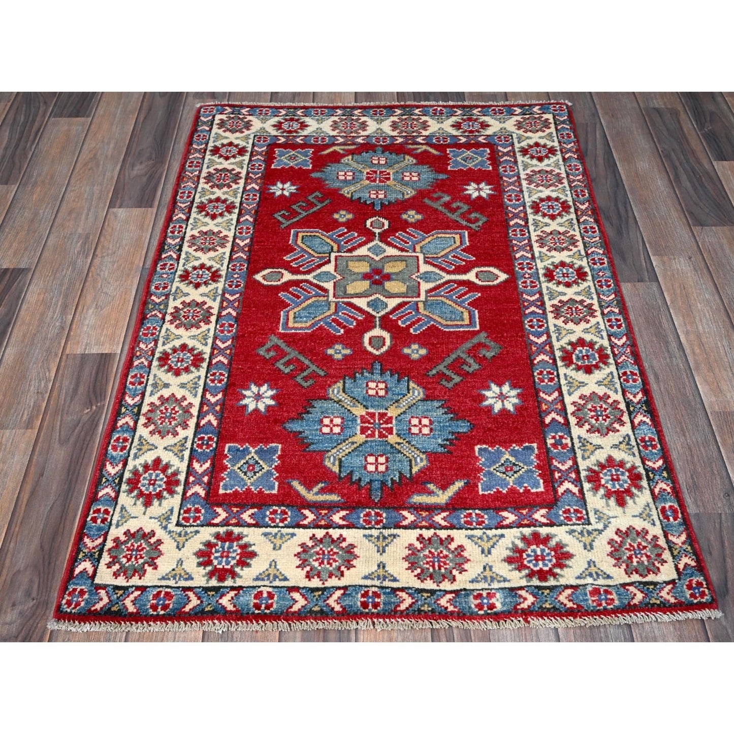 2'9"X4' Berry Red Kazak With Tribal Design Hand Knotted Soft Wool Mat Rug
