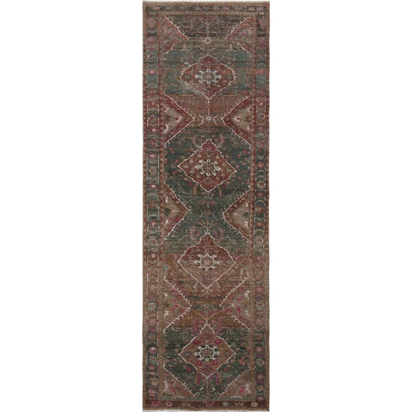 3'7"X12'3" Green Vintage And Worn Down Farsian Heris Handknotted Wool Rug