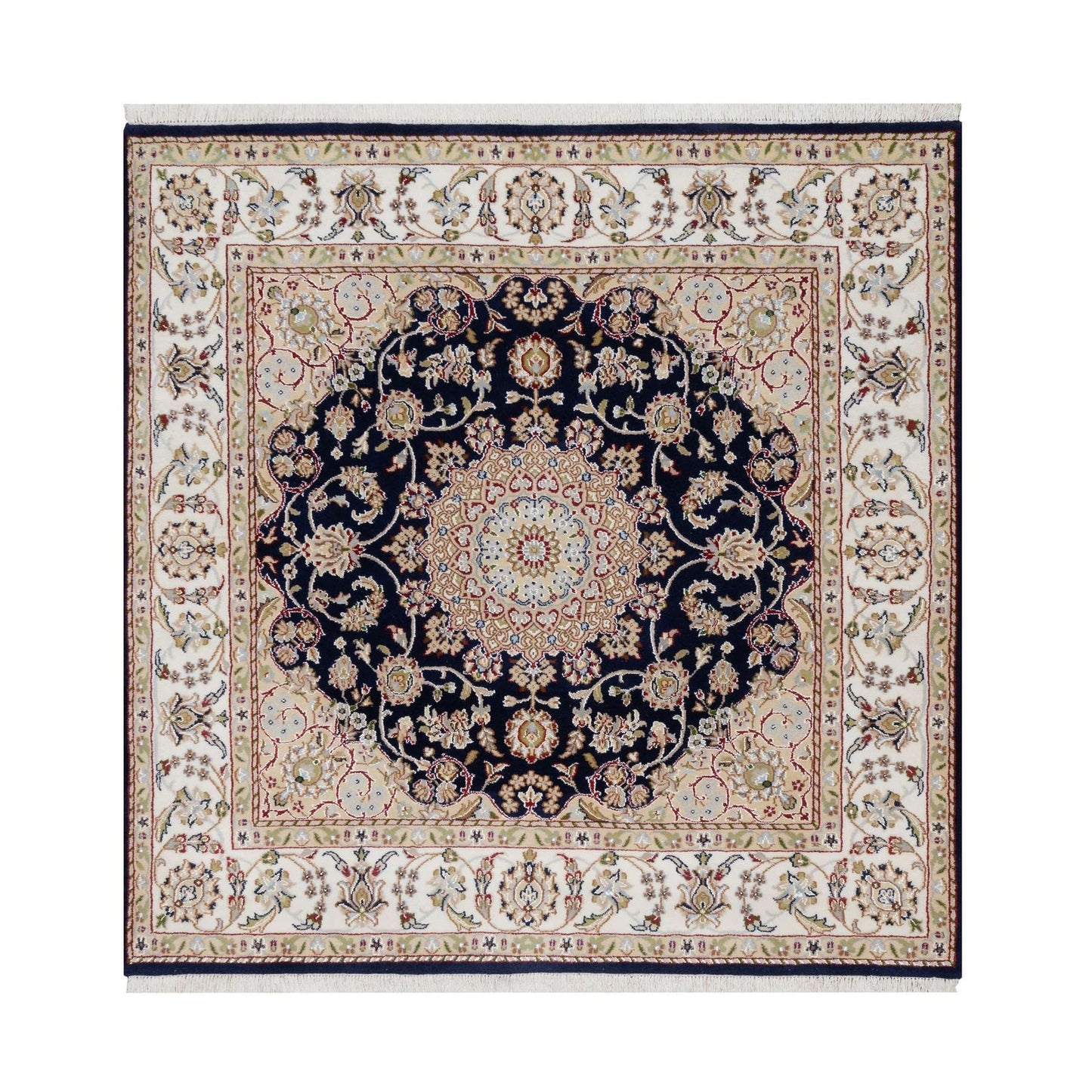 5'X5' Blue Wool And Silk Hand Knotted Nain With Flower Design Square Rug