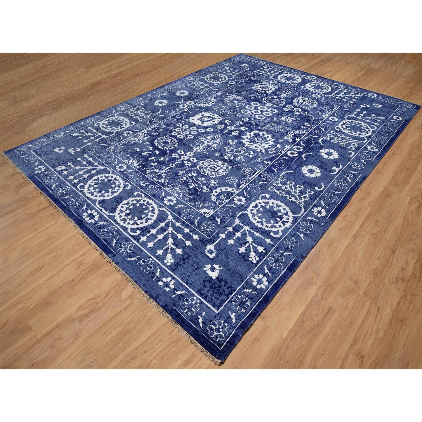 9'X12' Yale Blue Hand Knotted Tebraz With Leaf Motifs Wool And Silk Rug