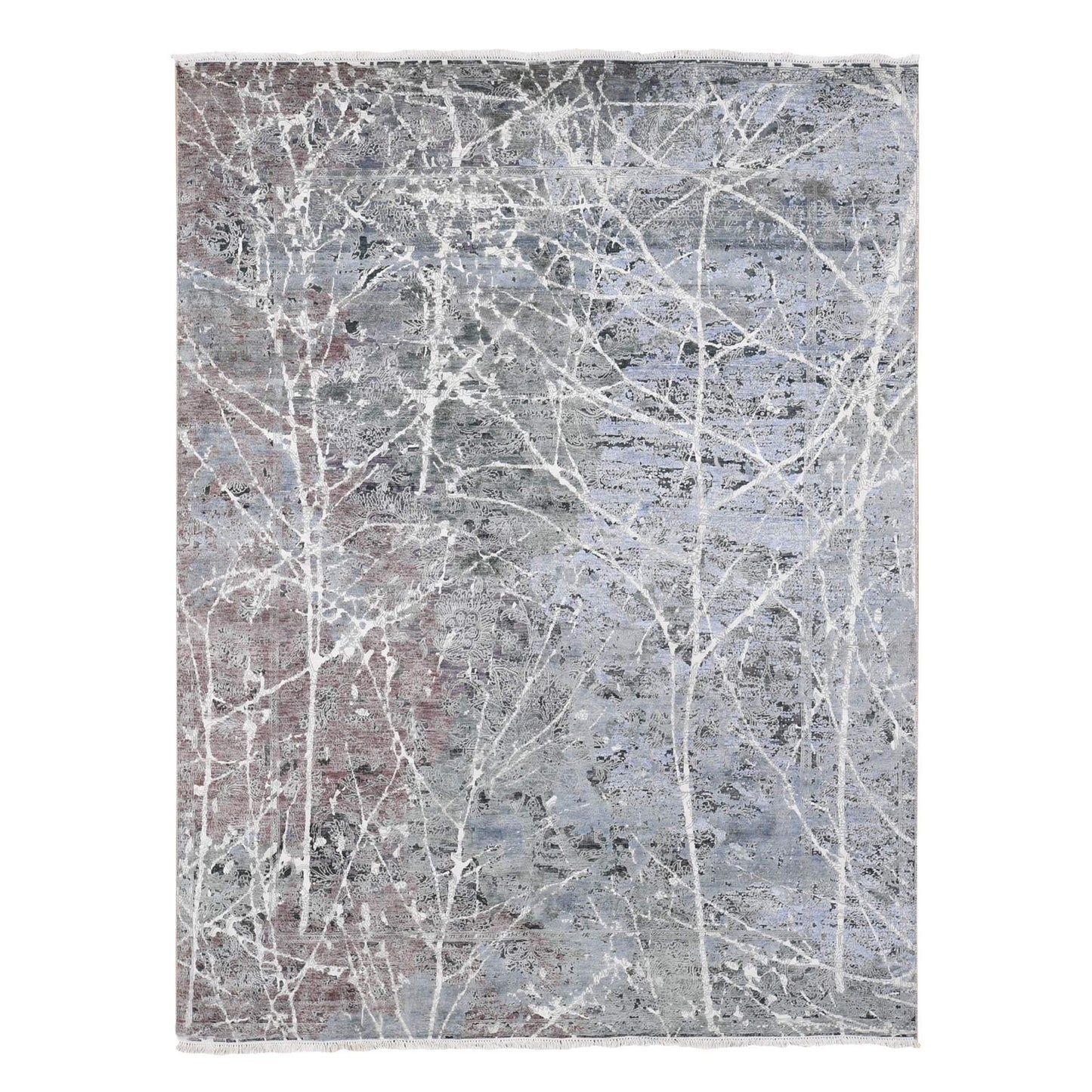 7'7"X10'1" Gray Hand Knotted Broken Zoroastrian Design Silk With Wool Rug