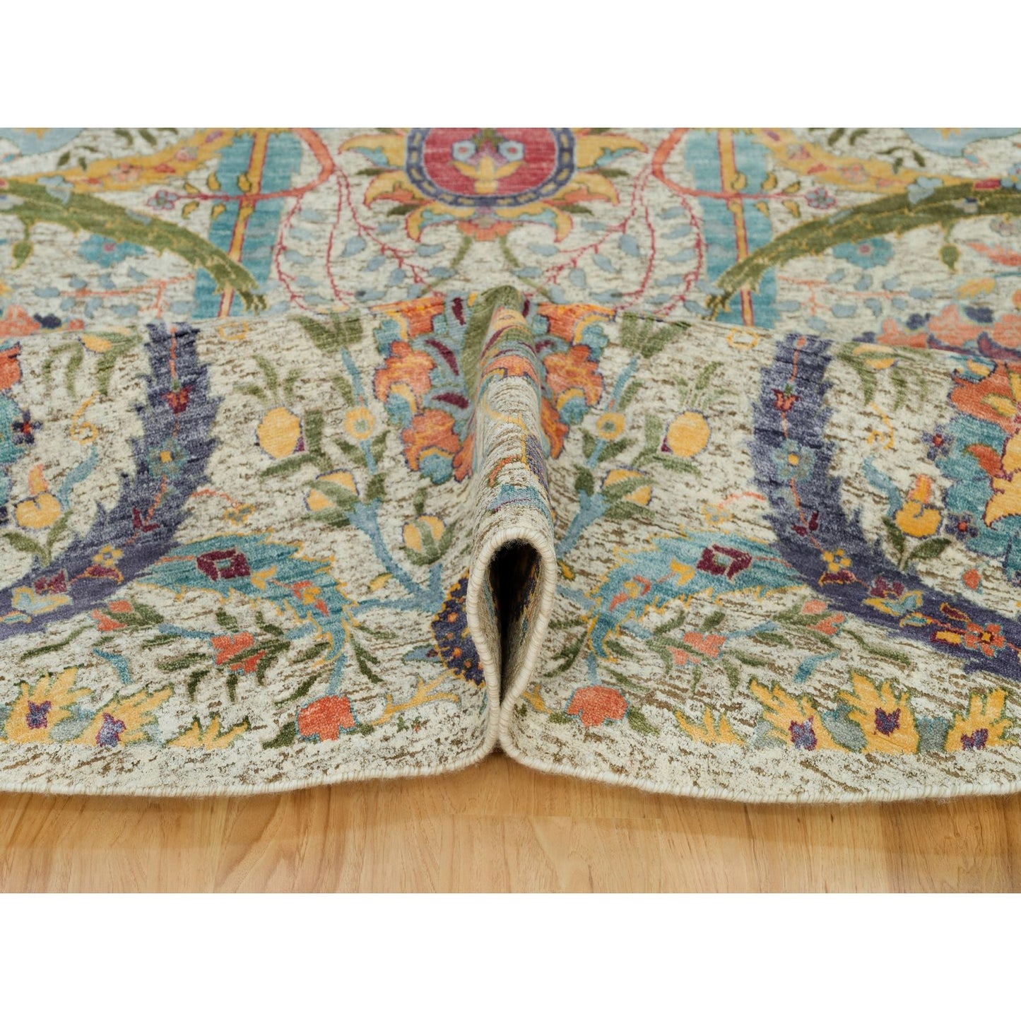 10'X10' Birch Tan Hand Knotted Silk And Wool Sickle Leaf Design Round Rug