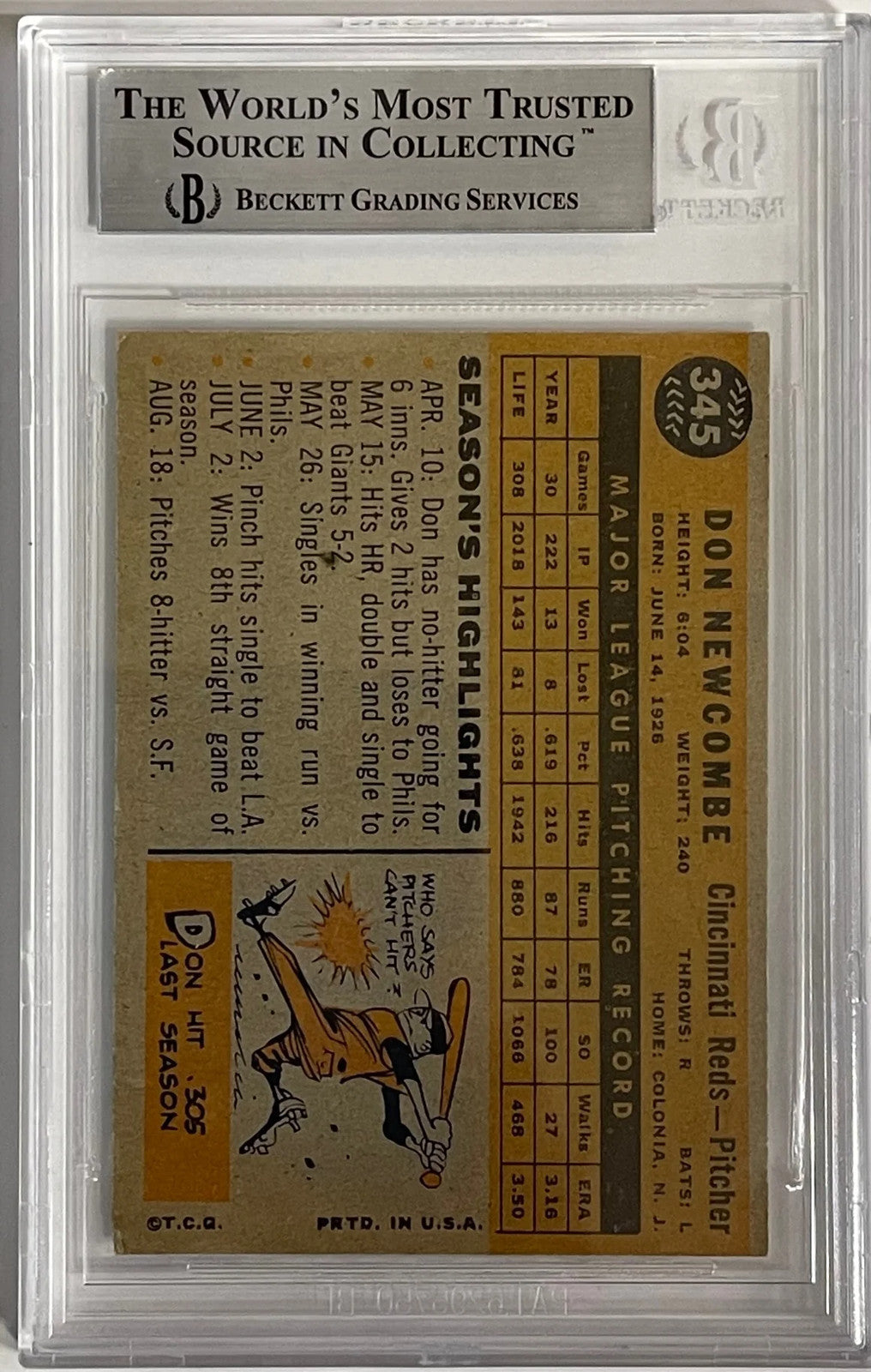 (Beckett) Don Newcombe autographed 1960 Topps Card #345