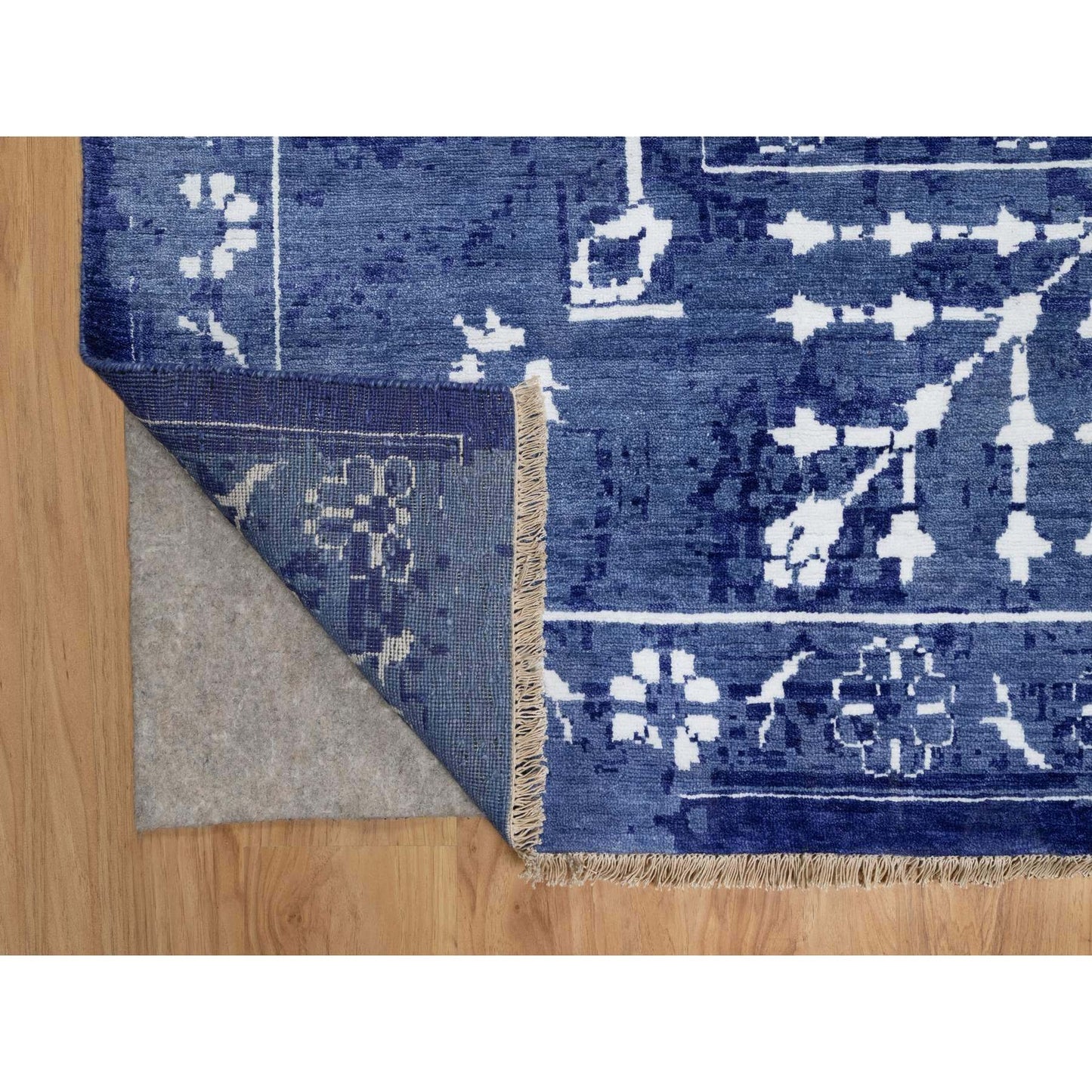 9'X12' Yale Blue Hand Knotted Tebraz With Leaf Motifs Wool And Silk Rug