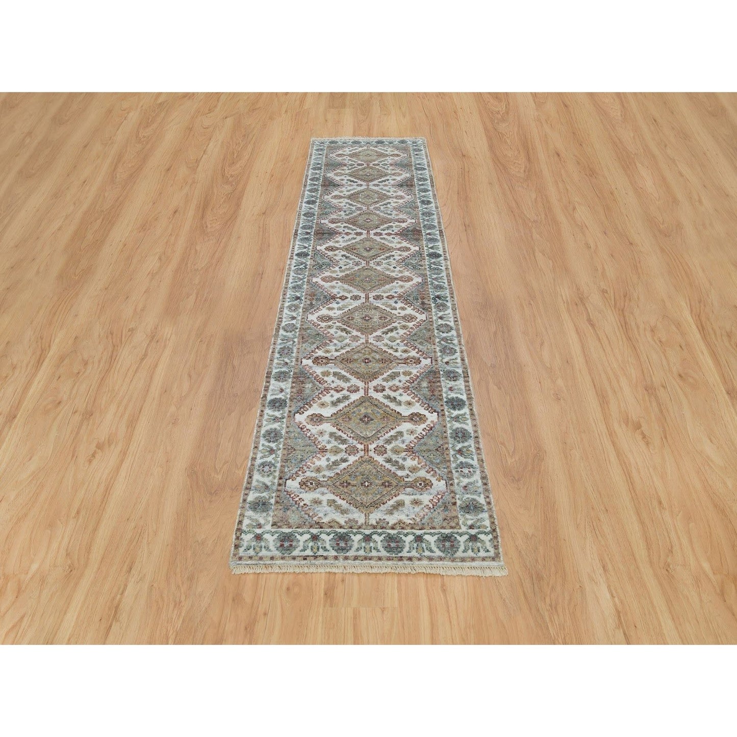 2'6"X9'9" Anti-Flash White Unique Flower Border Runner Oriental Rug