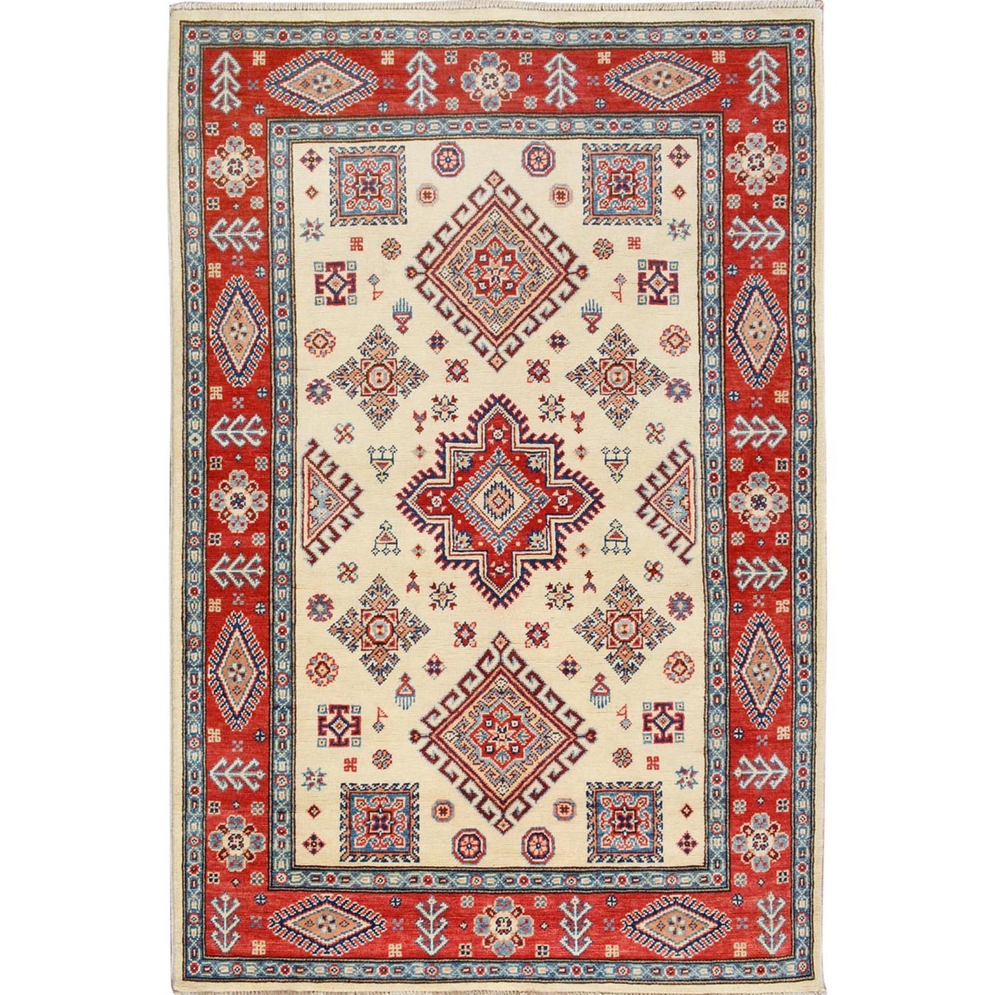 4'X5'10" Ivory Special Kazak Tribal Design Pure Wool Hand Knotted Rug