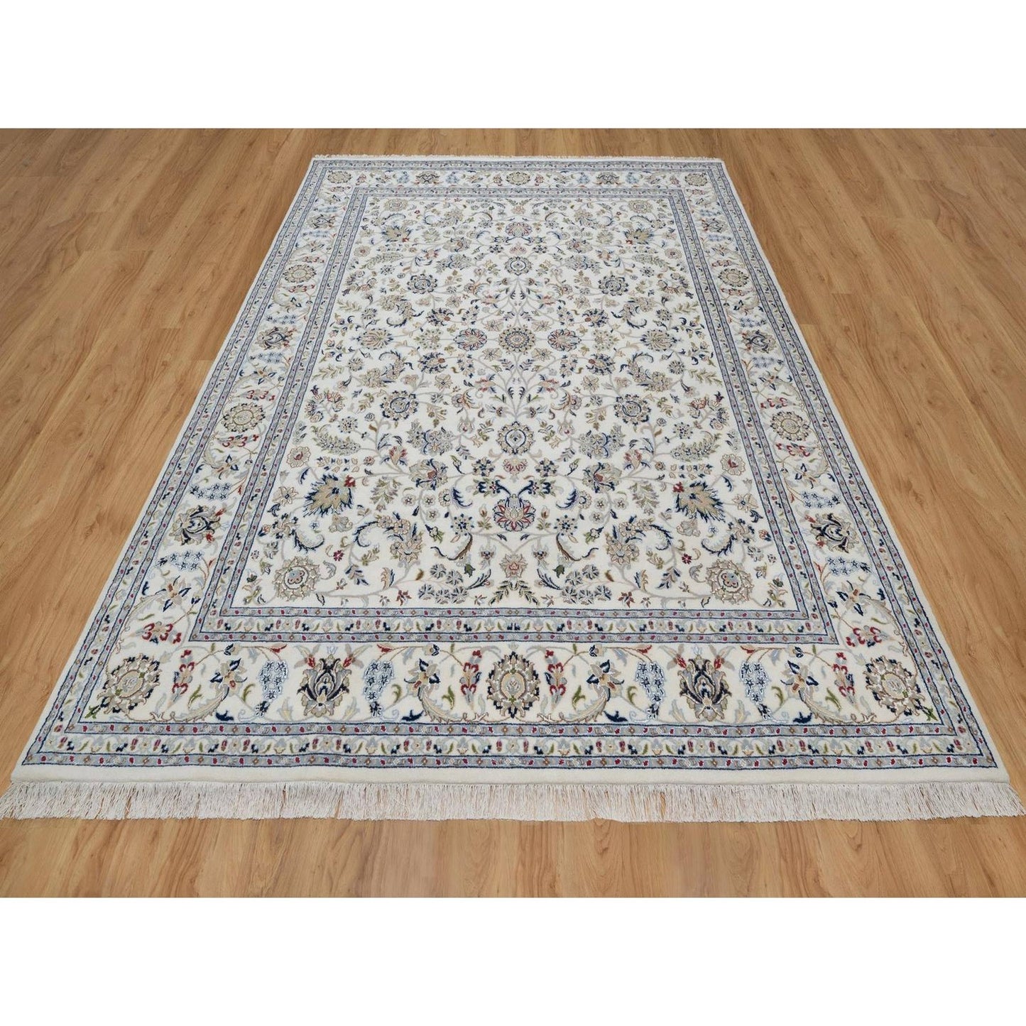 7'10"X10'3" Ivory Nain With Flower Pattern Wool And Silk Hand Knotted Rug