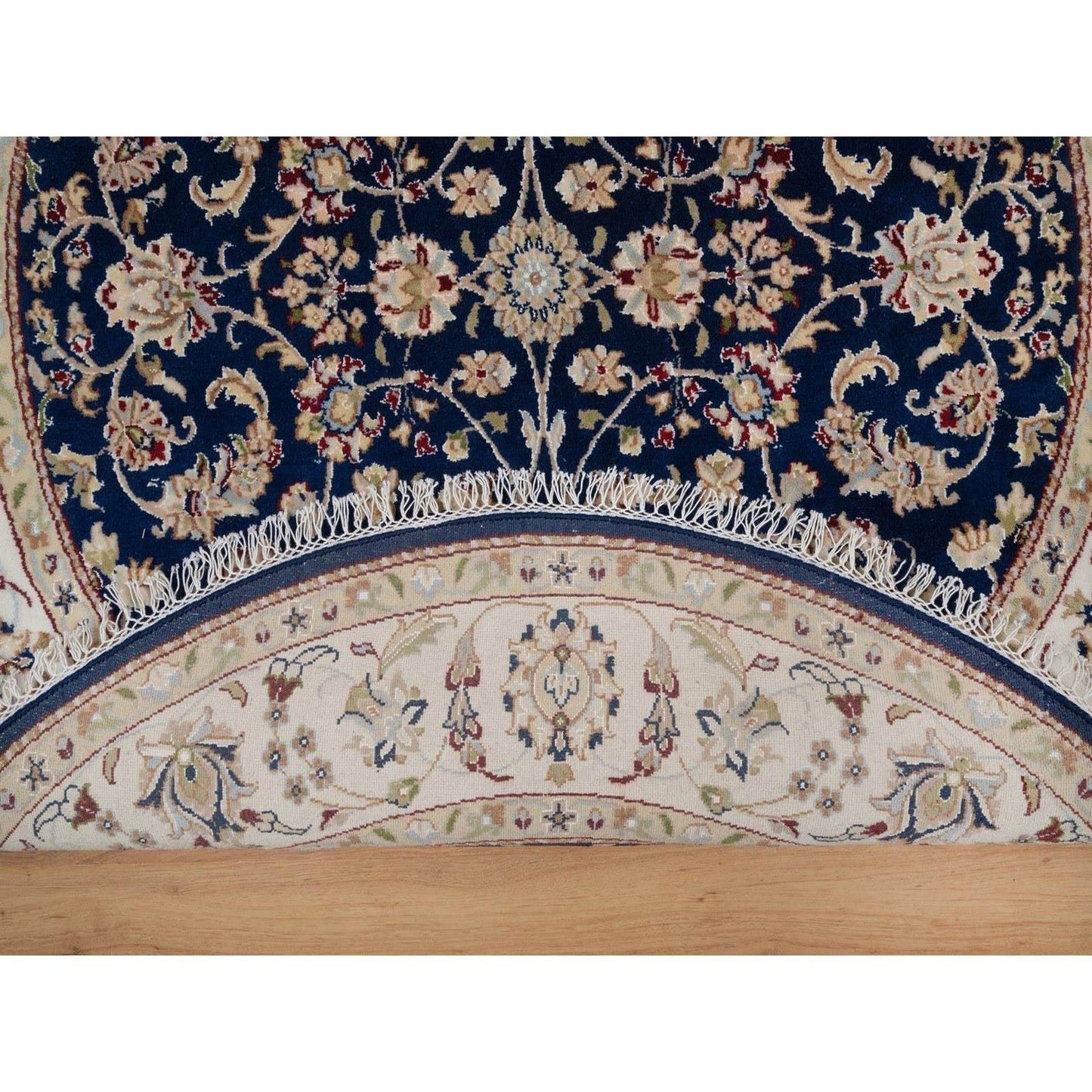 5'X5' Navy Nain With Flower Design Wool And Silk Hand Knotted Round Rug