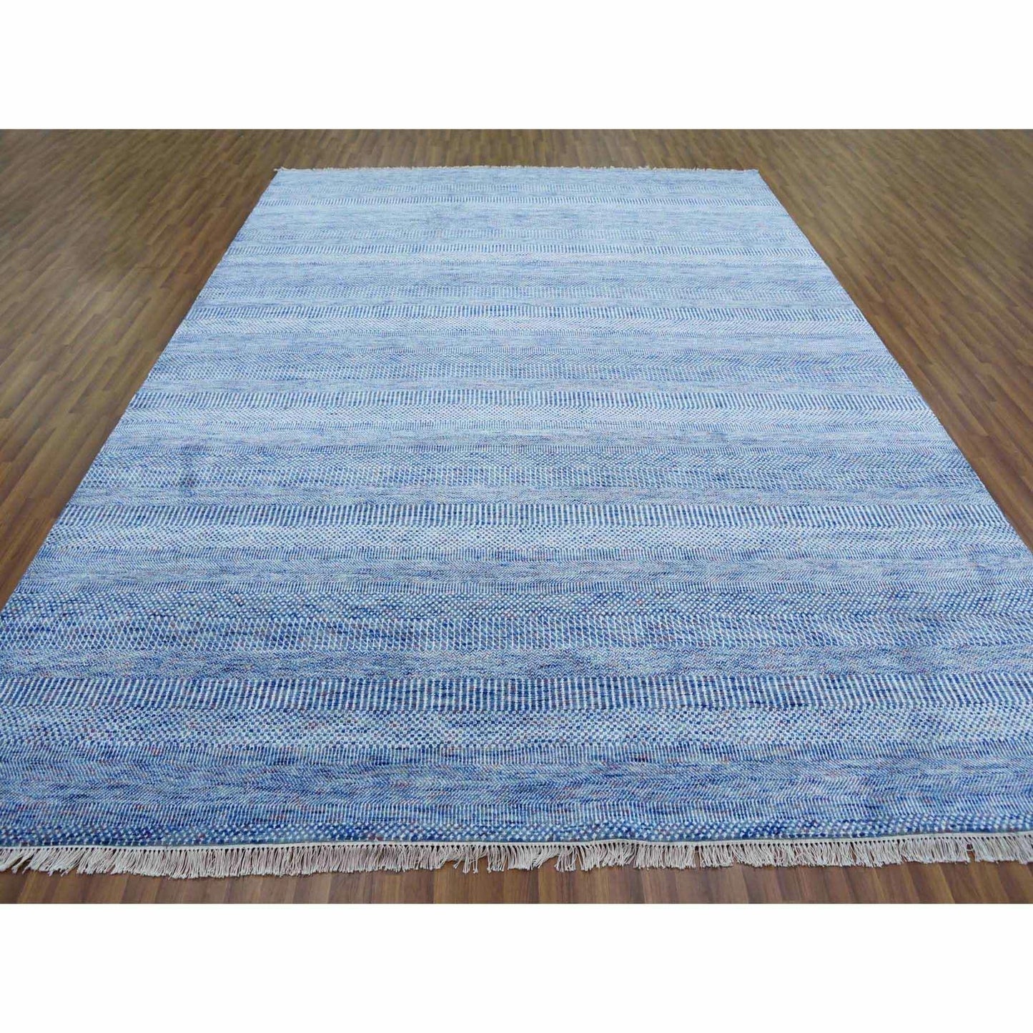 9'1"X12'2" Blue Hand Knotted Grass Design Gabbeh Wool And Silk Rug