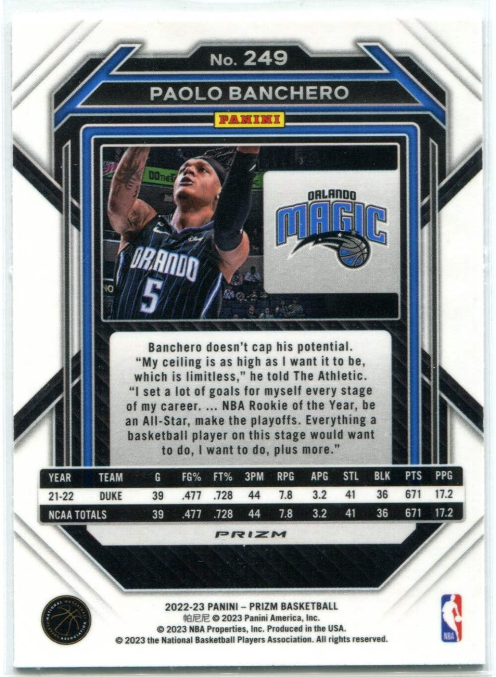 Paolo Banchero 2022 - 2023 Panini Prizm Cracked Ice Prizm Rc #249