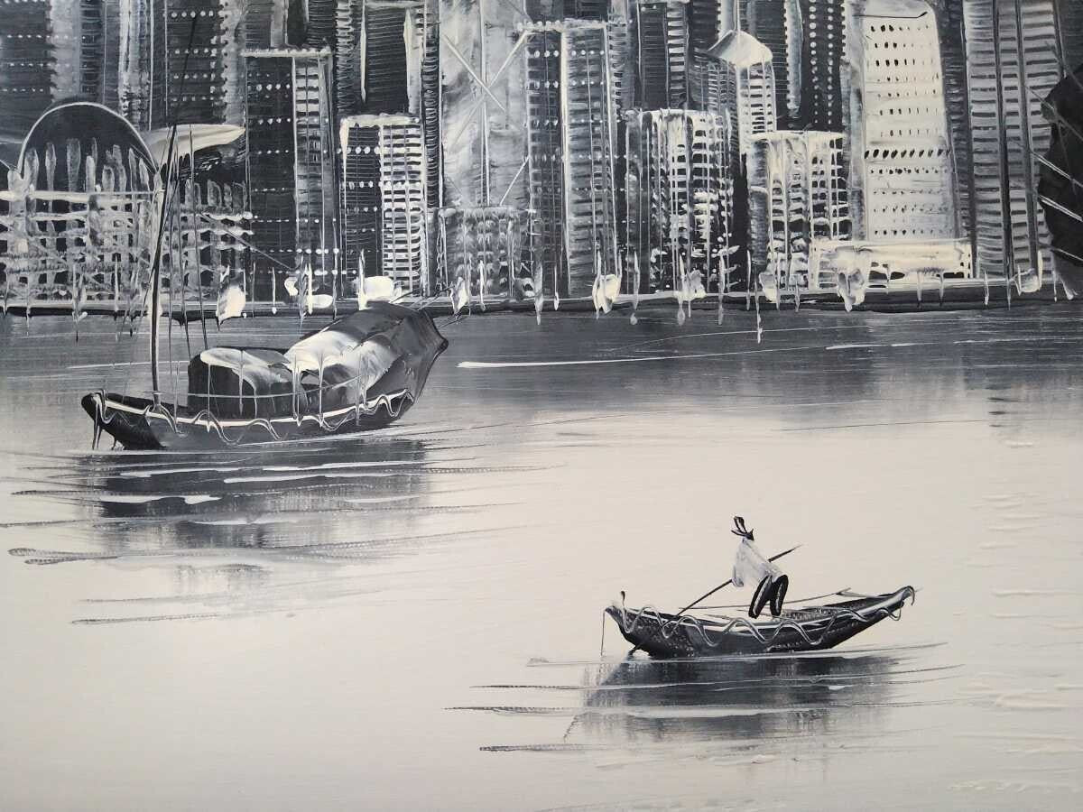 W Chan - Hong Kong Victoria Harbour Original Painting Oil On Canvas Signed