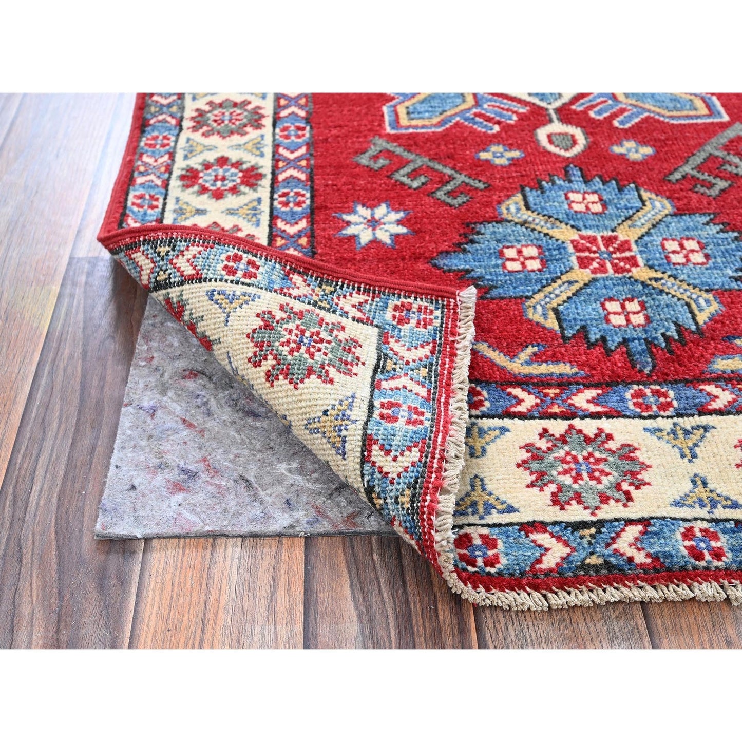2'9"X4' Berry Red Kazak With Tribal Design Hand Knotted Soft Wool Mat Rug
