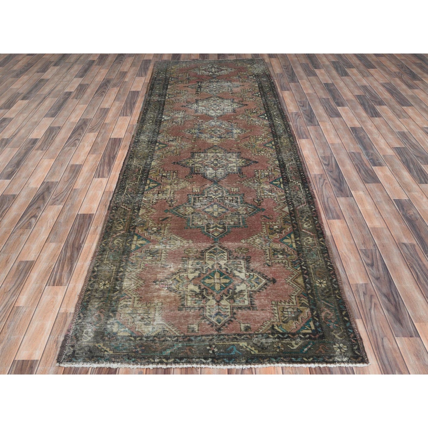3'9"X12'8" Brown Hand Knotted Vintage Farsian Worn Wool Runner Rug