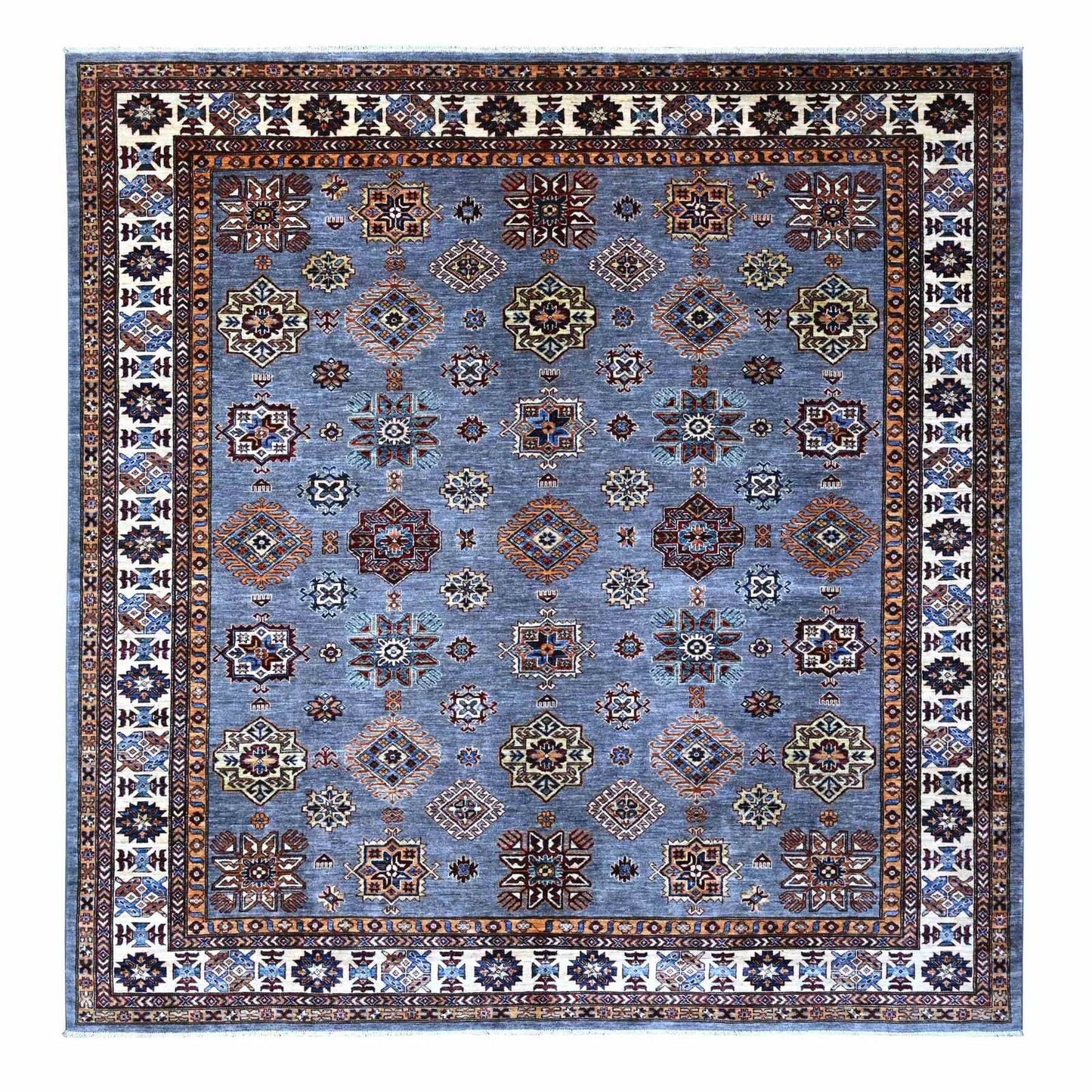 10'X10' Gray Hand Knotted Super Kazak Wool Medallions Oriental Square Rug