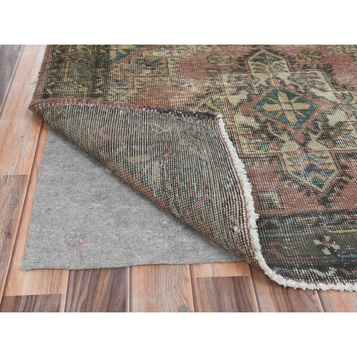 3'9"X12'8" Brown Hand Knotted Vintage Farsian Worn Wool Runner Rug