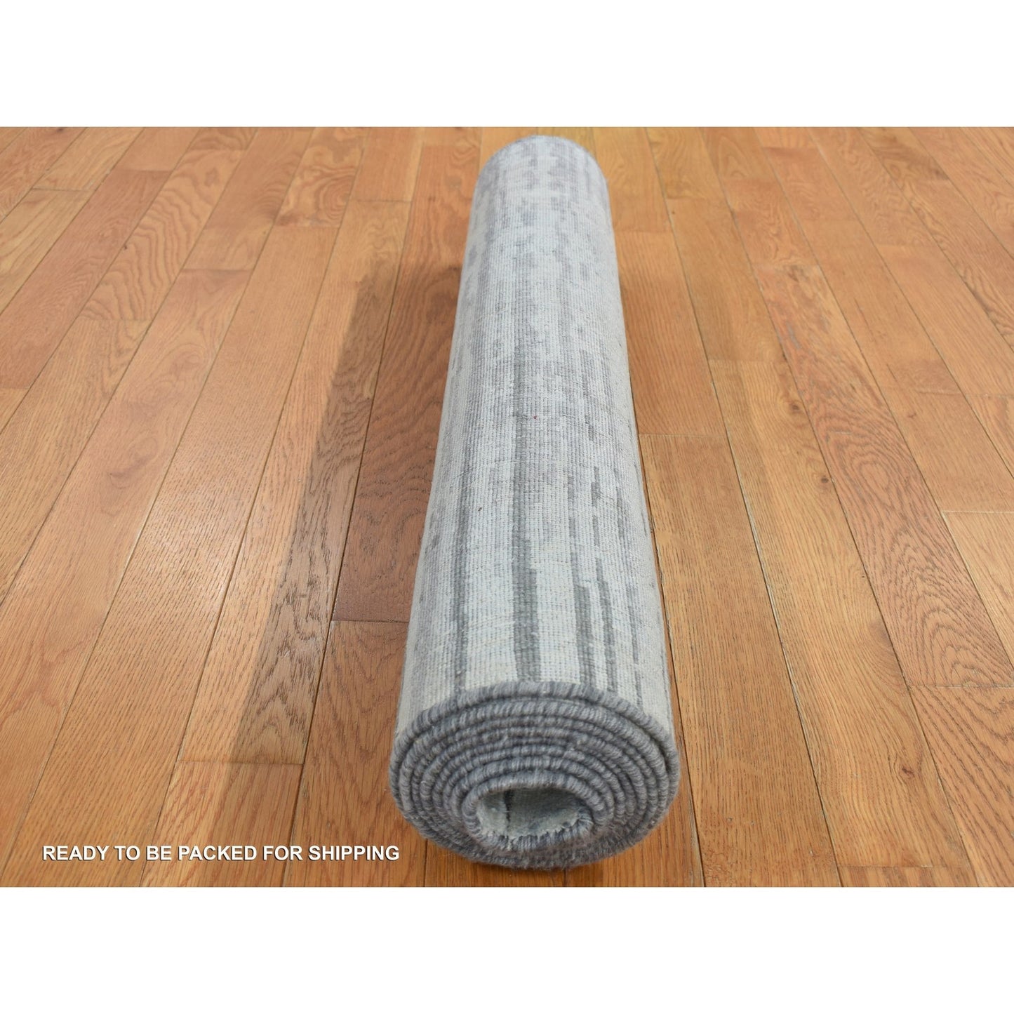 3'X9' Ash Gray Horizontal Ombre Design Pure Silk Hand Knotted Runner Rug