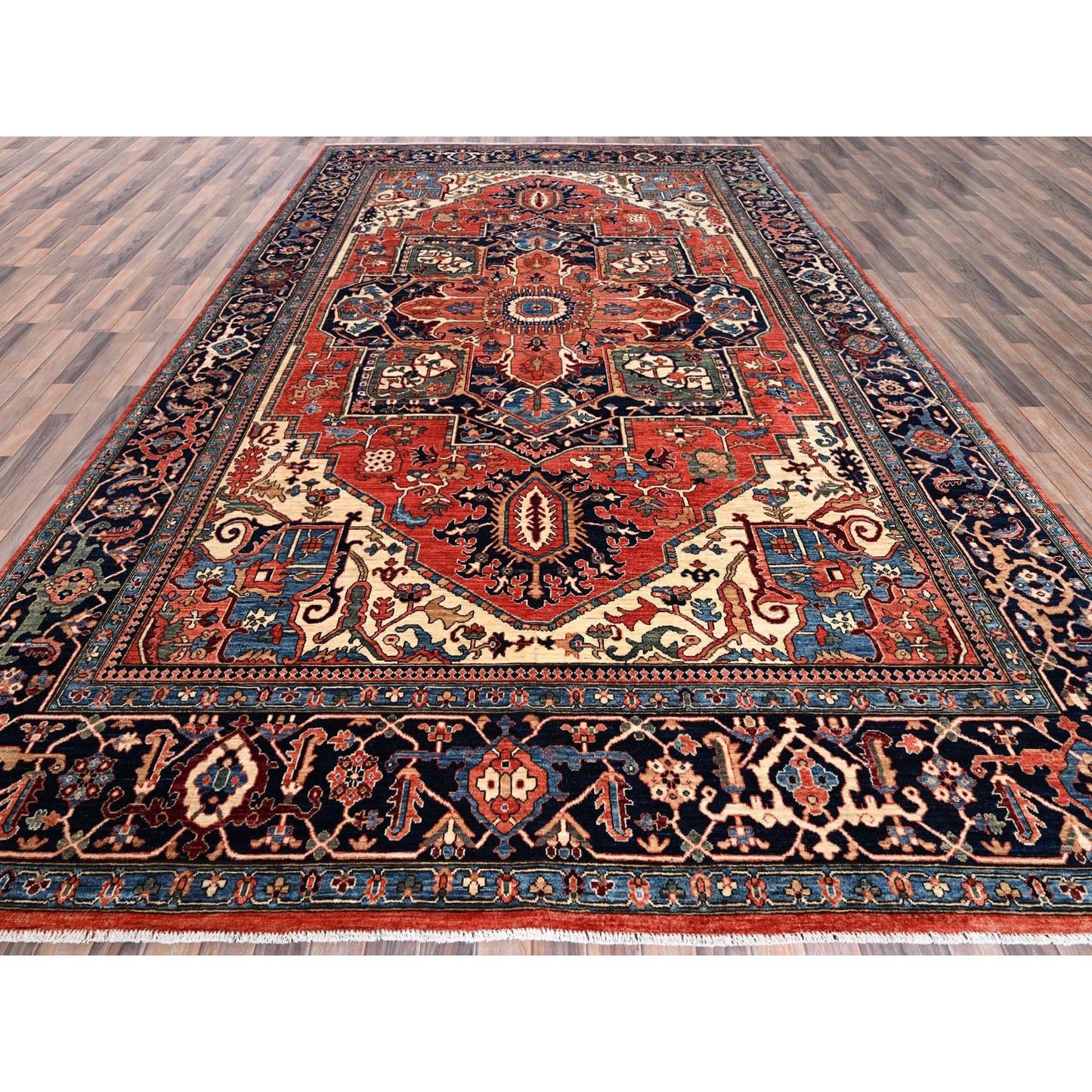 9'10"X14'3" Coral Red Seeripe Heris Design Hand Knotted Soft Wool Rug
