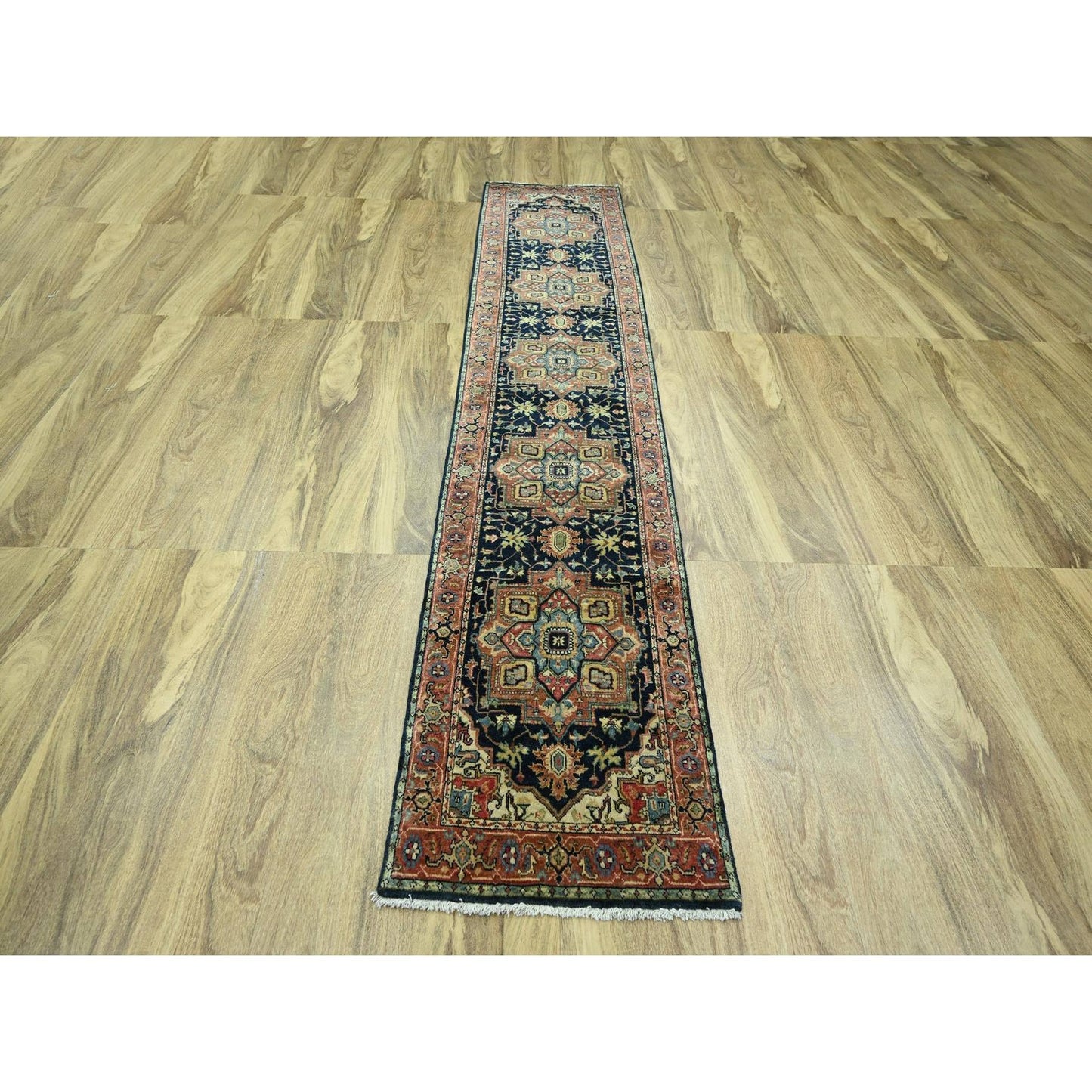2'6"X11'5" Navy Heris With Medallions Design Hand Knotted Wool Runner Rug